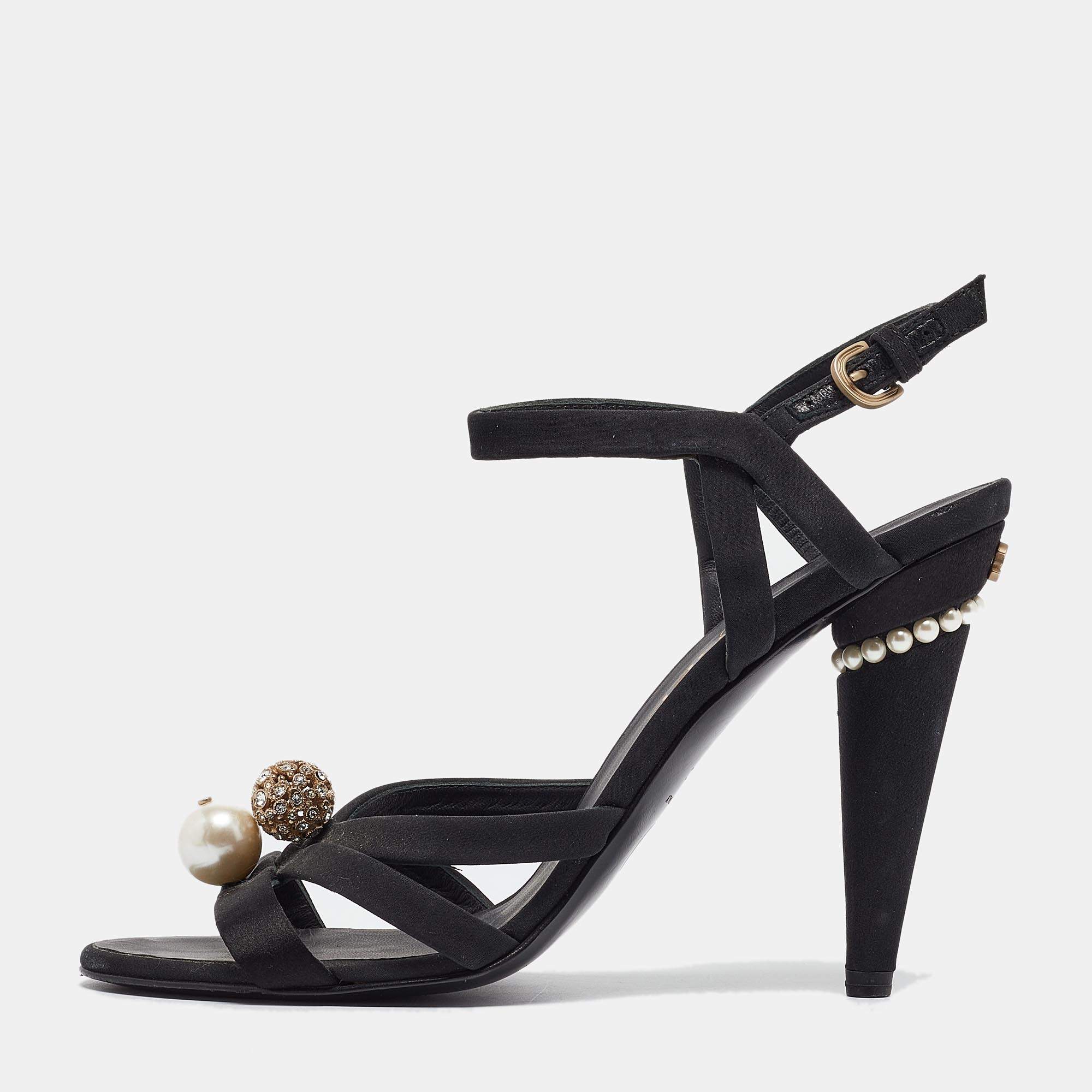 Chanel Black Satin and Canvas Ankle Strap Sandals Size 39