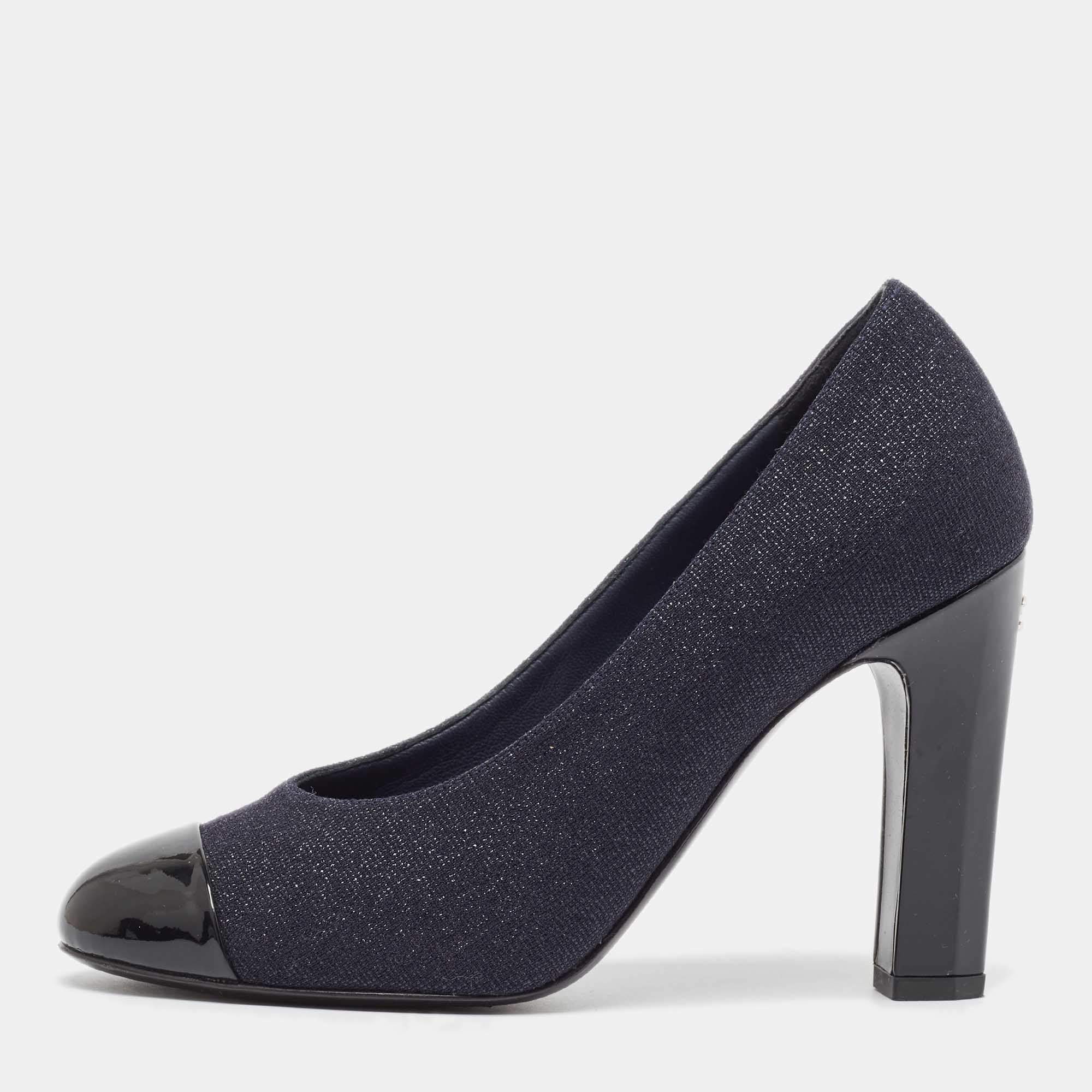 Pre Owned Chanel Blue/Black Lurex Fabric and Patent CC Cap Toe Pumps Size 36.5
