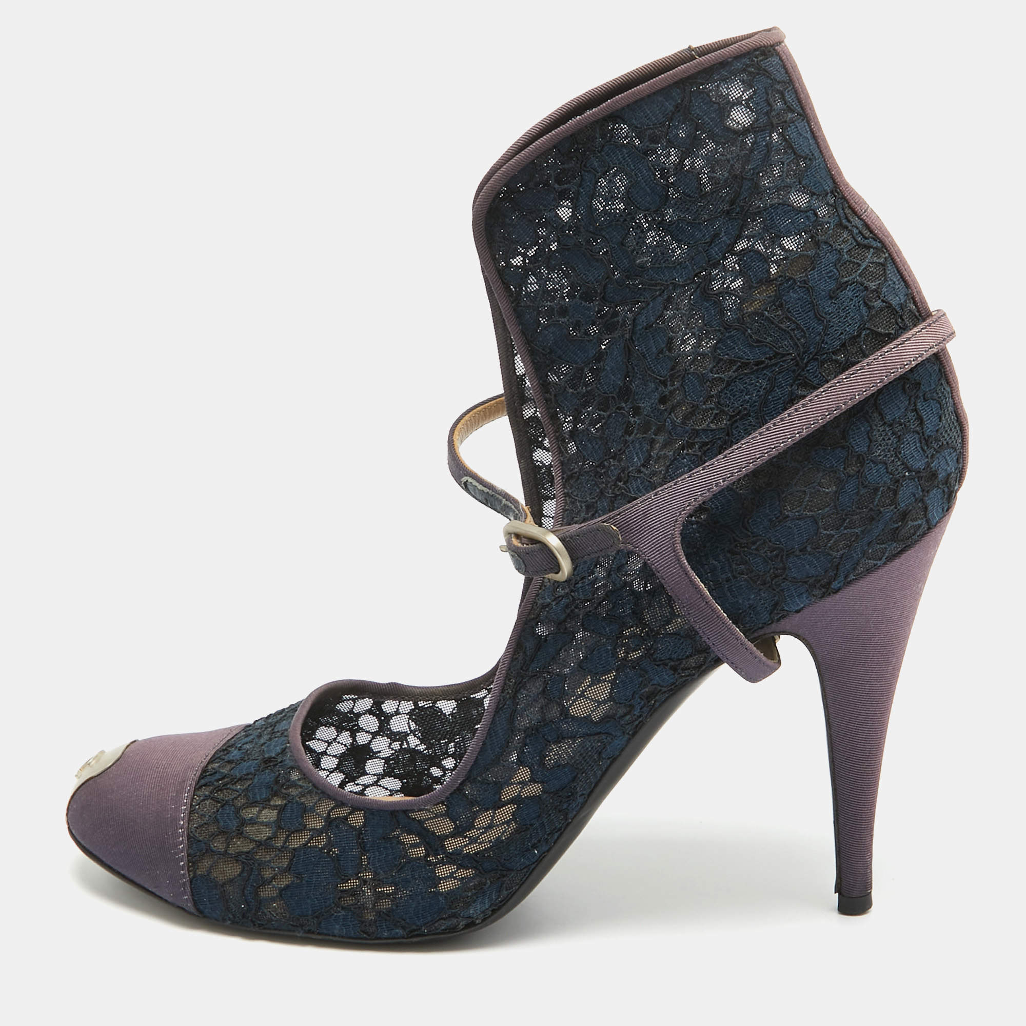 Pre Owned Chanel Purple/Blue Mesh and  Canvas Ankle Strap Pumps Size 40 