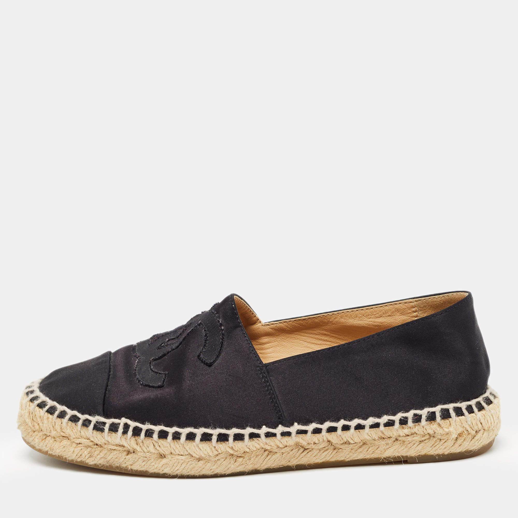 Chanel Black Satin and Canvas CC Espadrille Flats Size 35