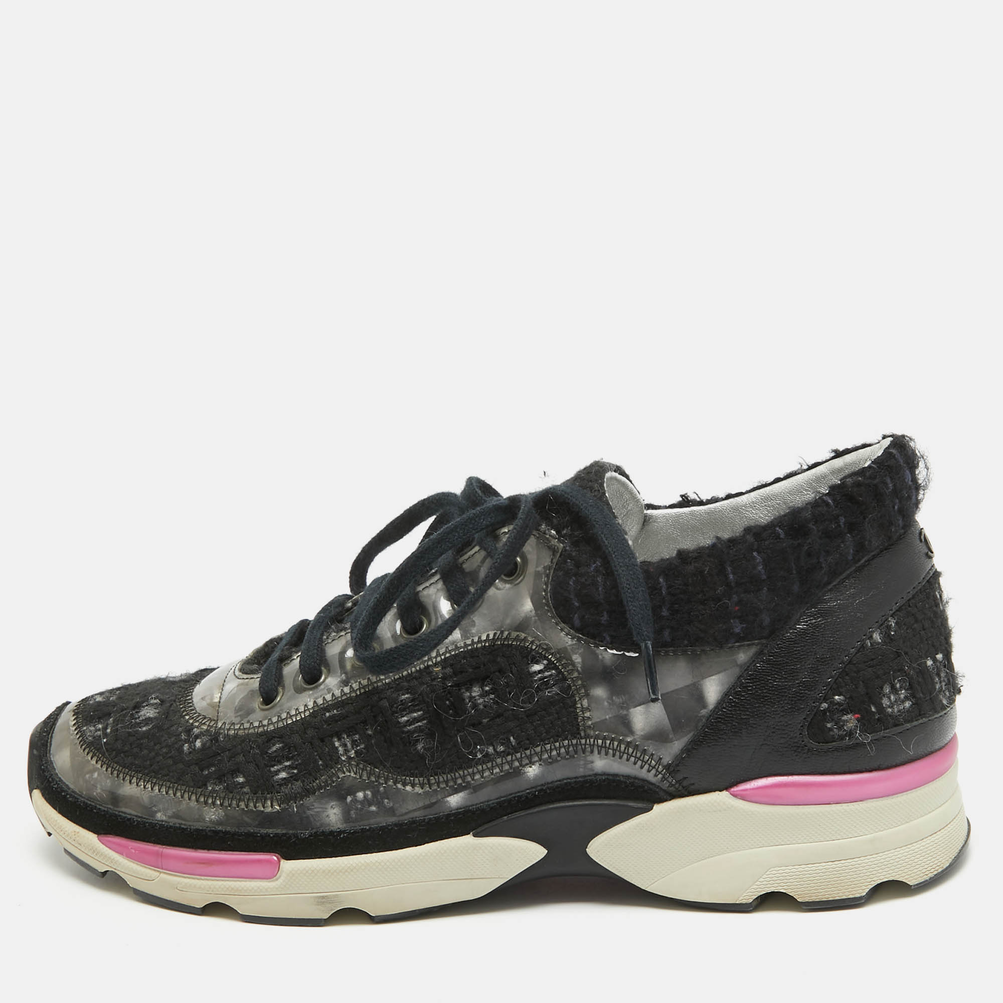 Chanel Black/Transparent Tweed and PVC Interlocking CC Logo Sneakers Size 37