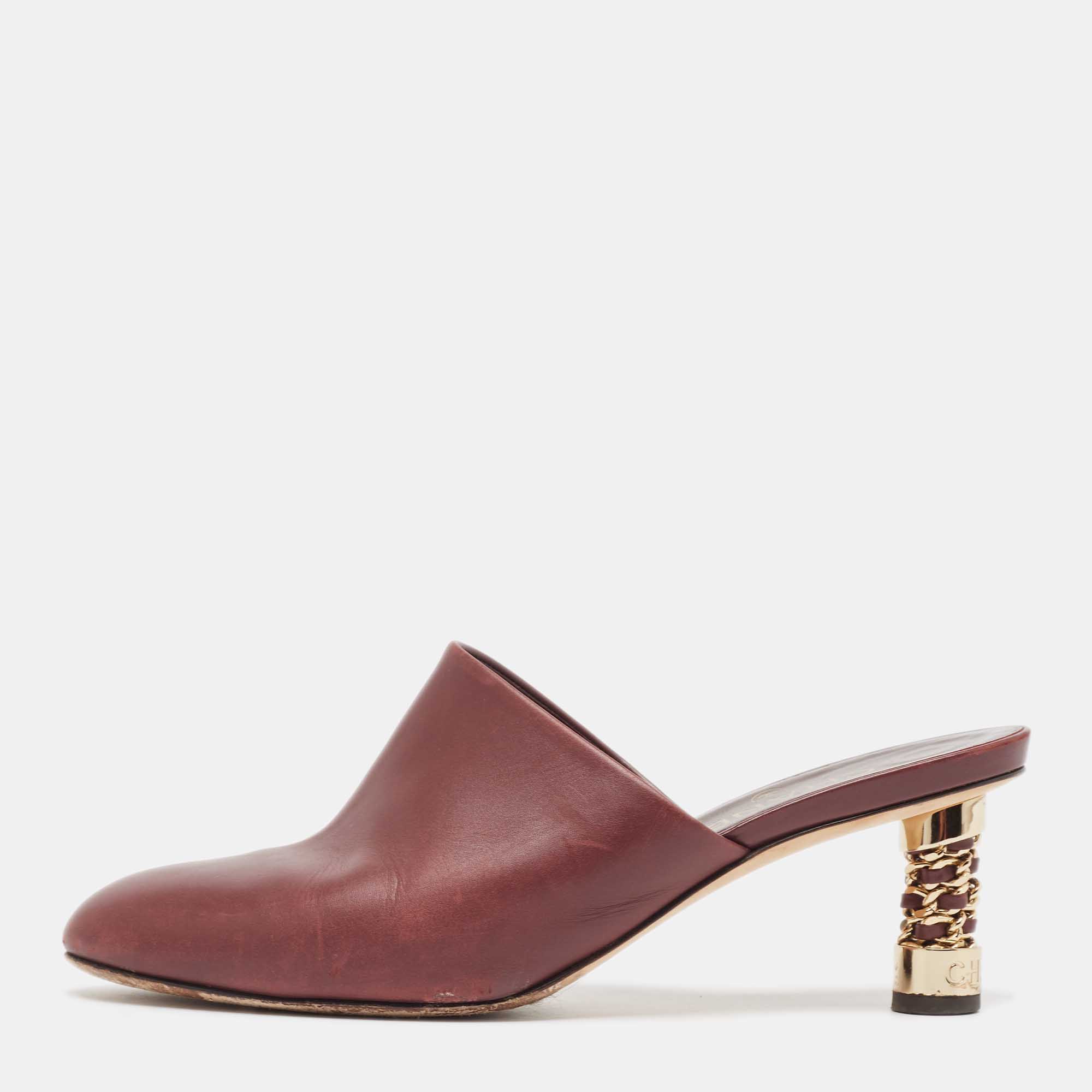 Chanel Burgundy Leather Chain Detail Heel Mules Size 39.5