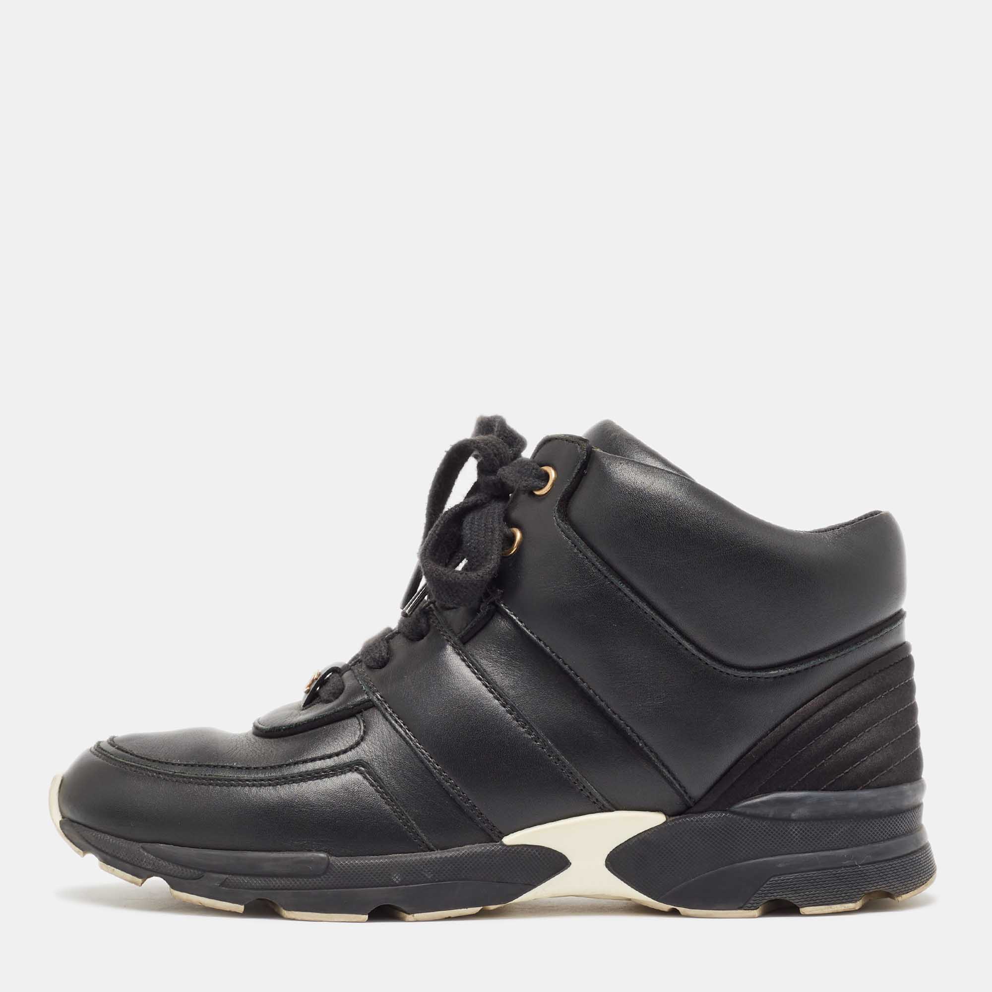 Pre Owned Chanel Black Leather And Satin Athletic CC Lace Up Sneakers Size 38