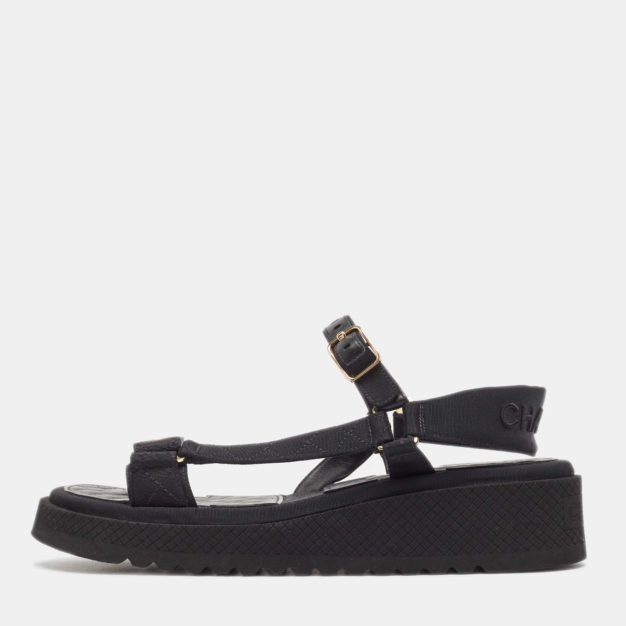 Chanel Black Quilted Fabric and Leather Dad Sandals Size 40.5