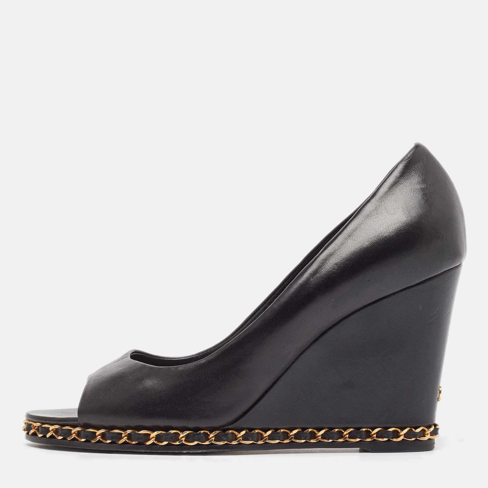 Pre Owned Chanel  Black Leather Chain Me Peep Toe Wedge Pumps Size 39