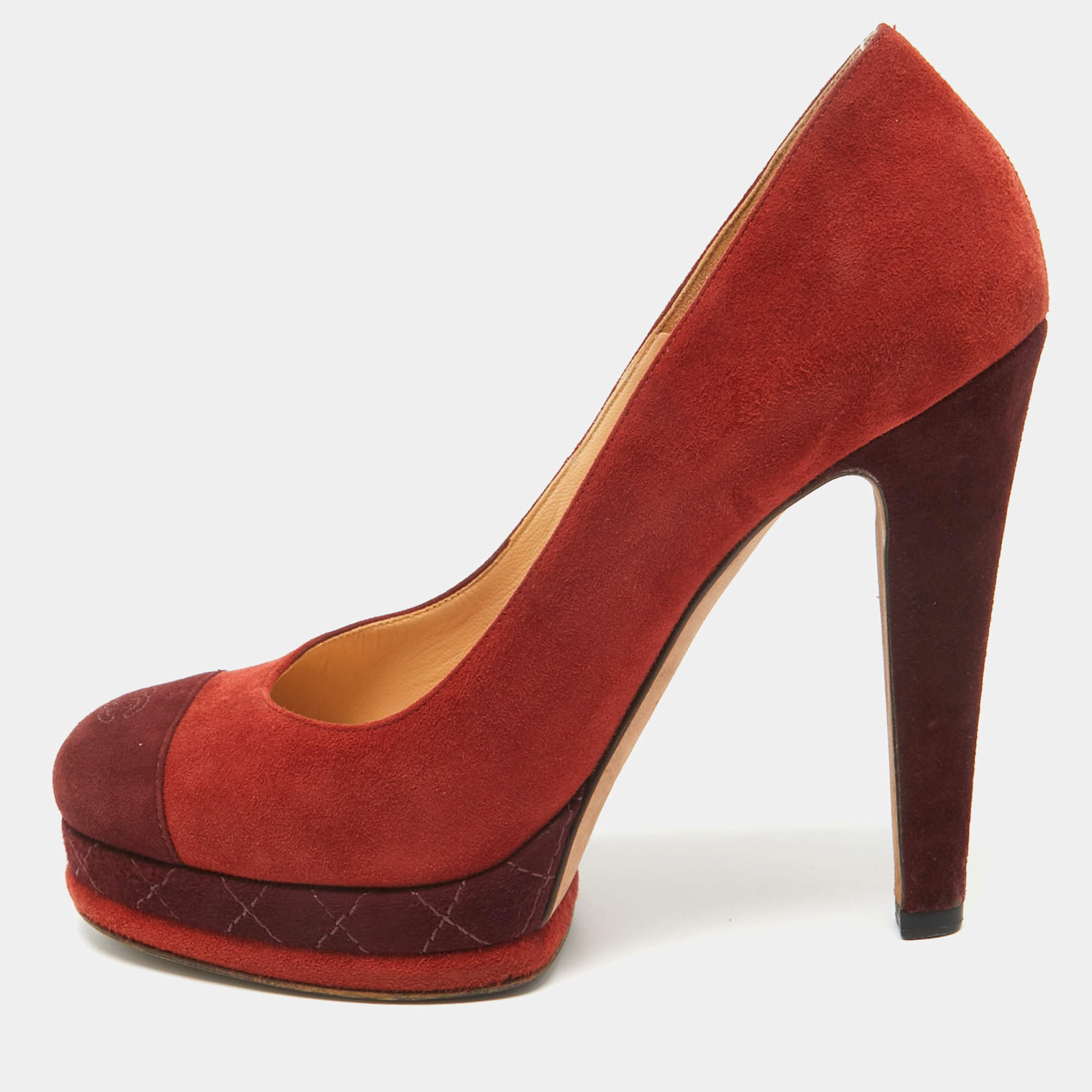 Chanel Brown/Burgundy Suede CC Platform Pumps Size 38