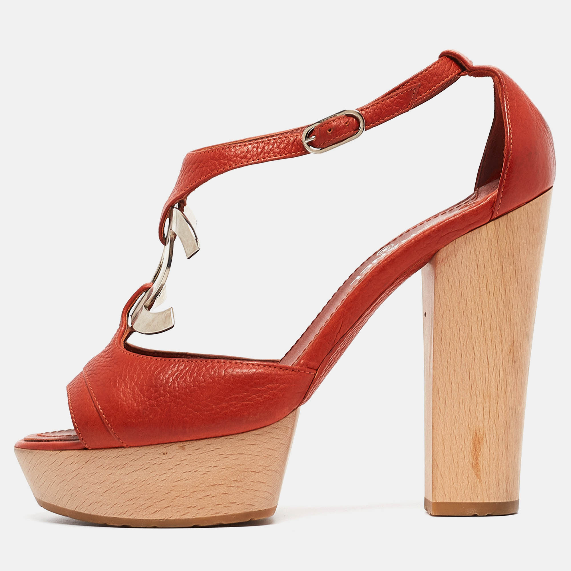 Chanel Dark Orange Leather CC Detail Ankle Strap Platform Sandals Size 36.5