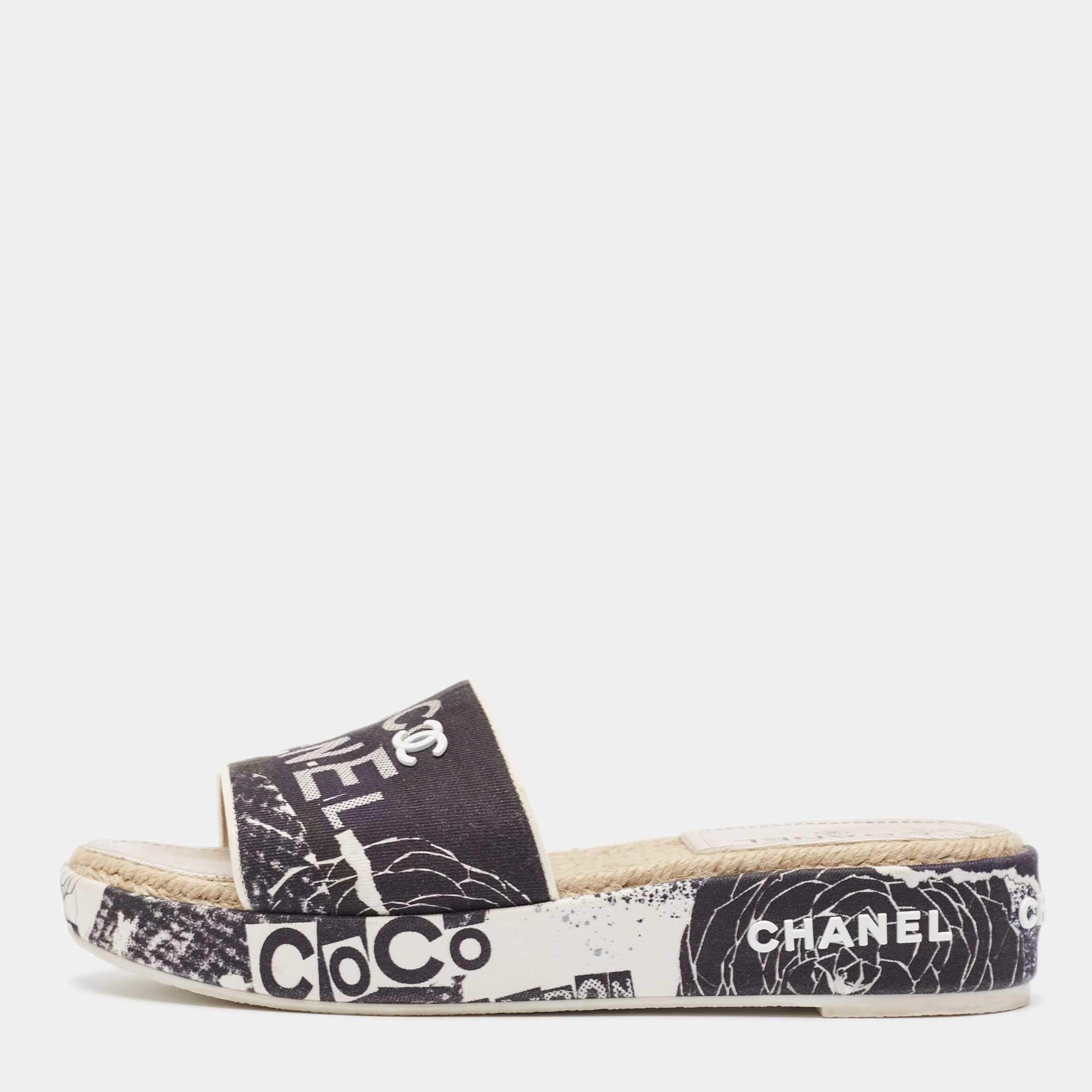 Chanel Black/White Graffiti Print Canvas Espadrille Slide Sandals Size 41