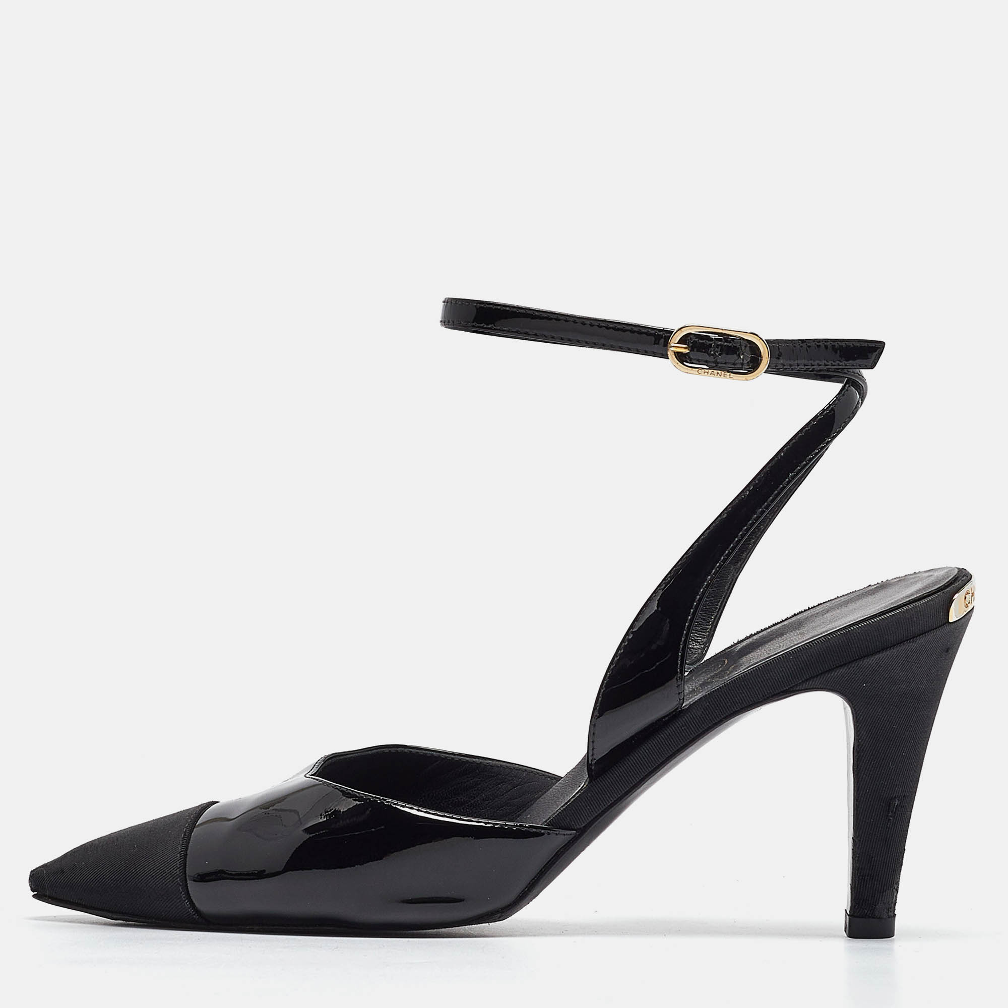 Pre Owned Chanel Black Patent Leather and Canvas Ankle Strap Pumps Size 38