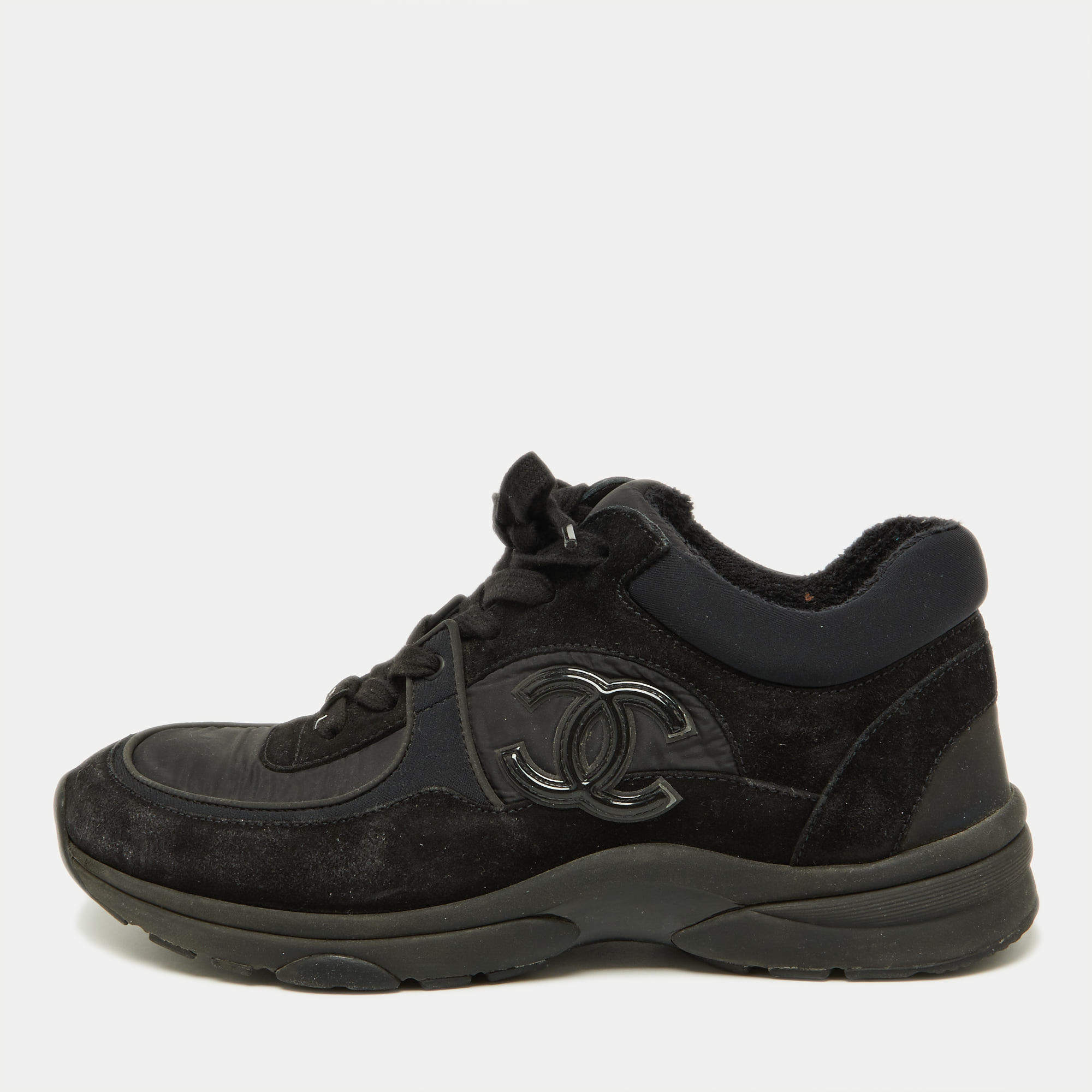 Pre Owned Chanel Black Satin and Suede Logo Lace Up Sneakers Size 38.5