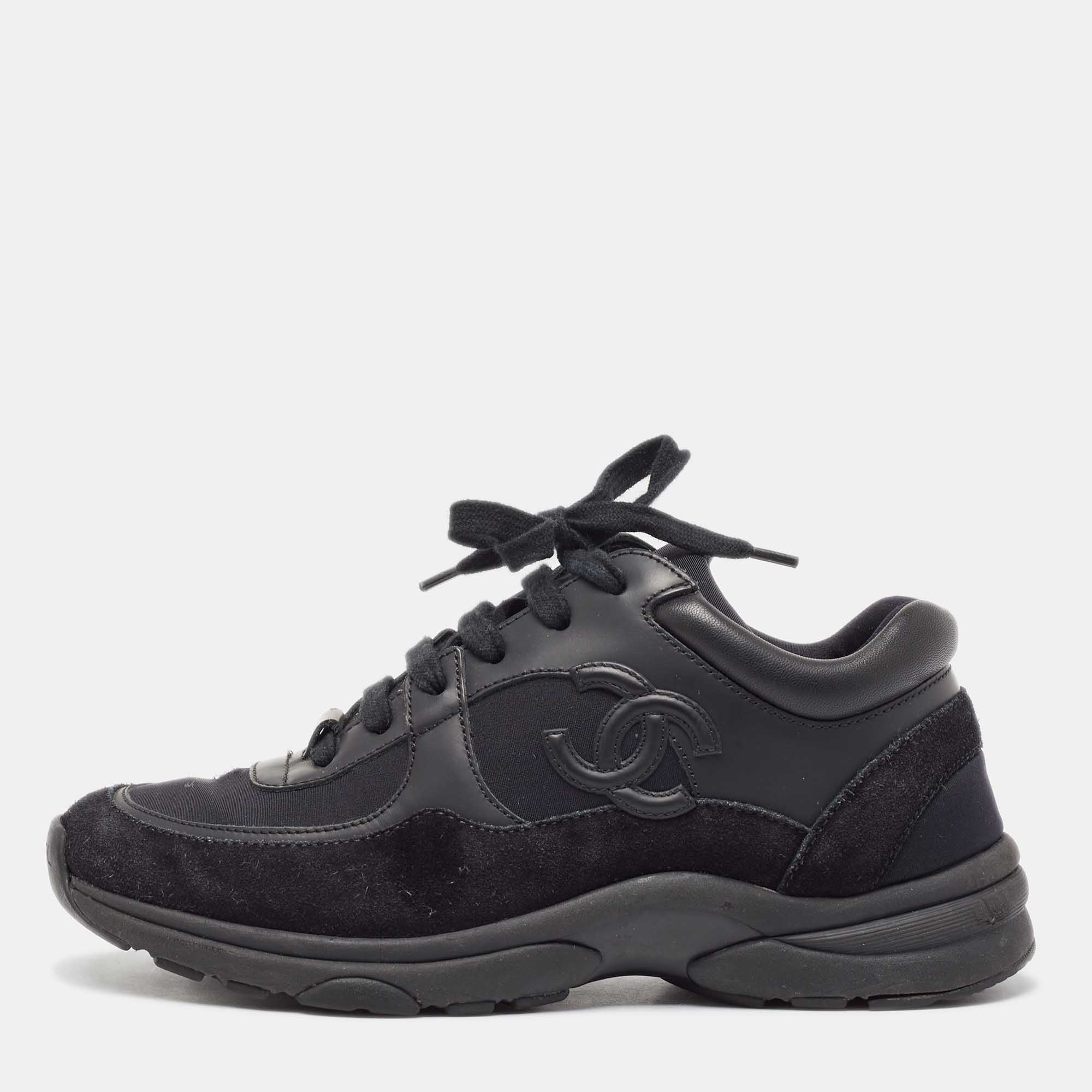Chanel Black Suede and Nylon CC Low Top Sneakers Size 36
