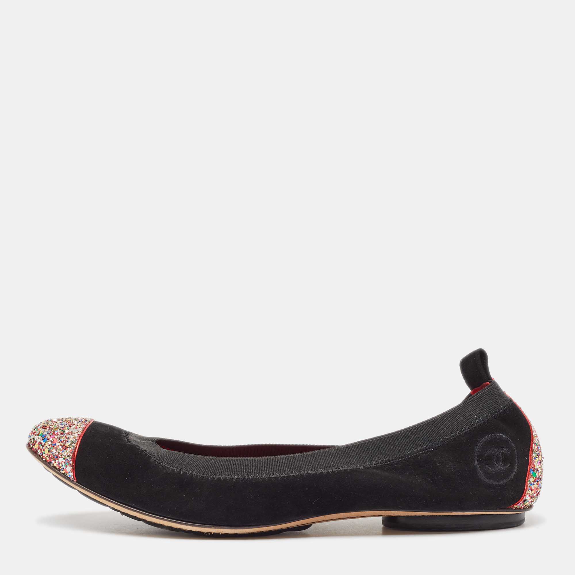 Chanel Black Suede and Coarse Glitter CC Scrunch Ballet Flats Size 39.5