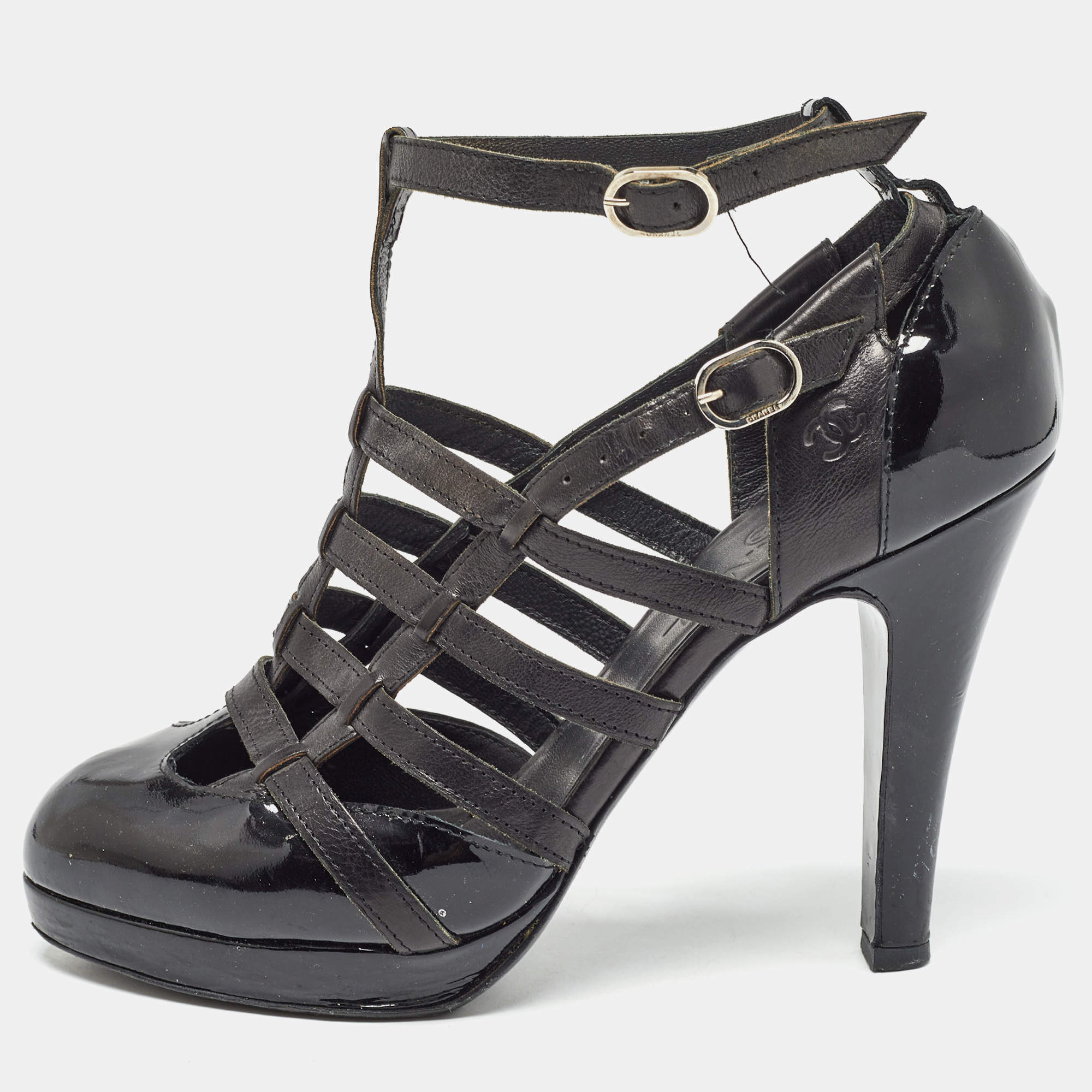 Pre Owned Chanel Black Patent and Leather Strappy Pumps Size 38.5 