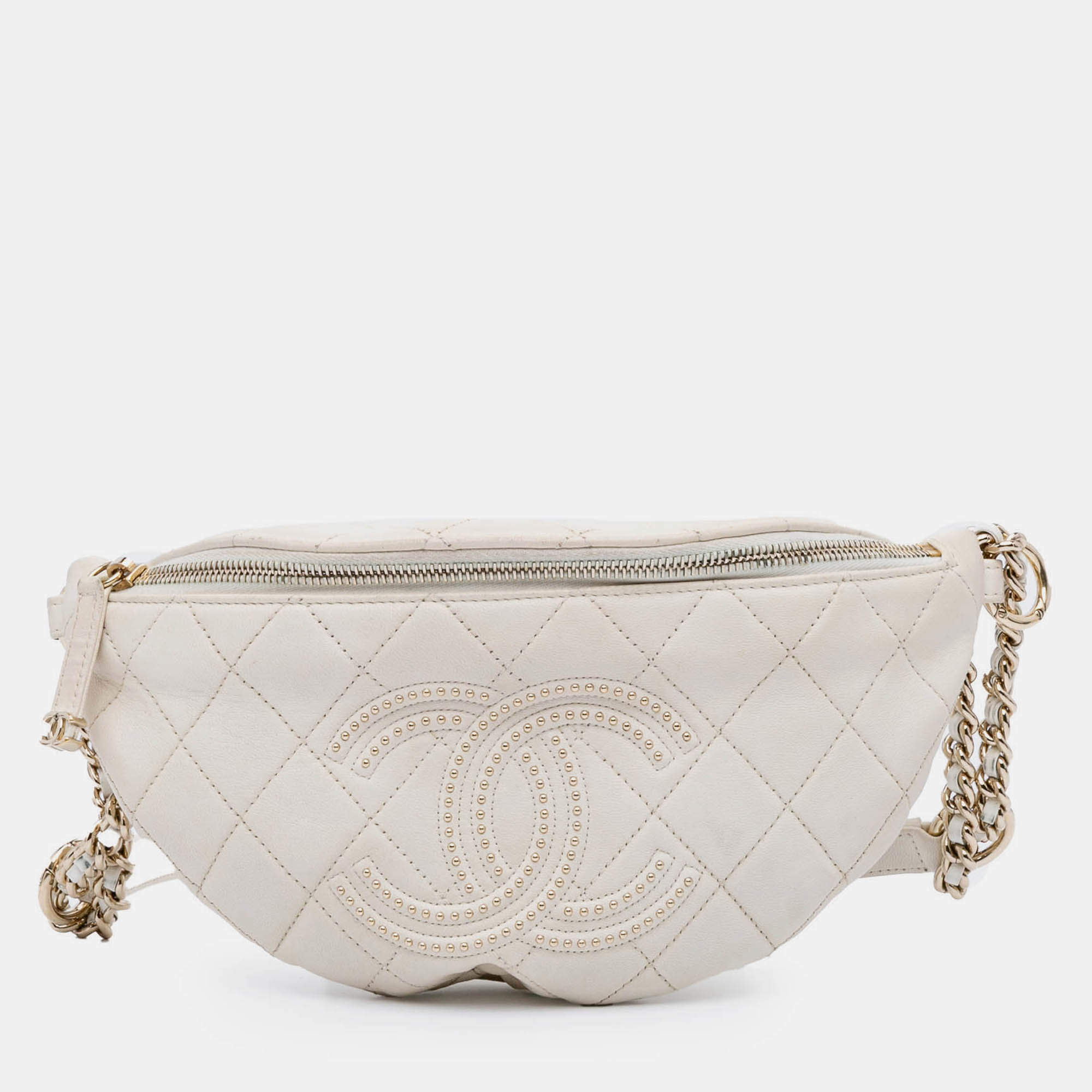 Chanel White CC Quilted Lambskin Studded Logo Belt Bag