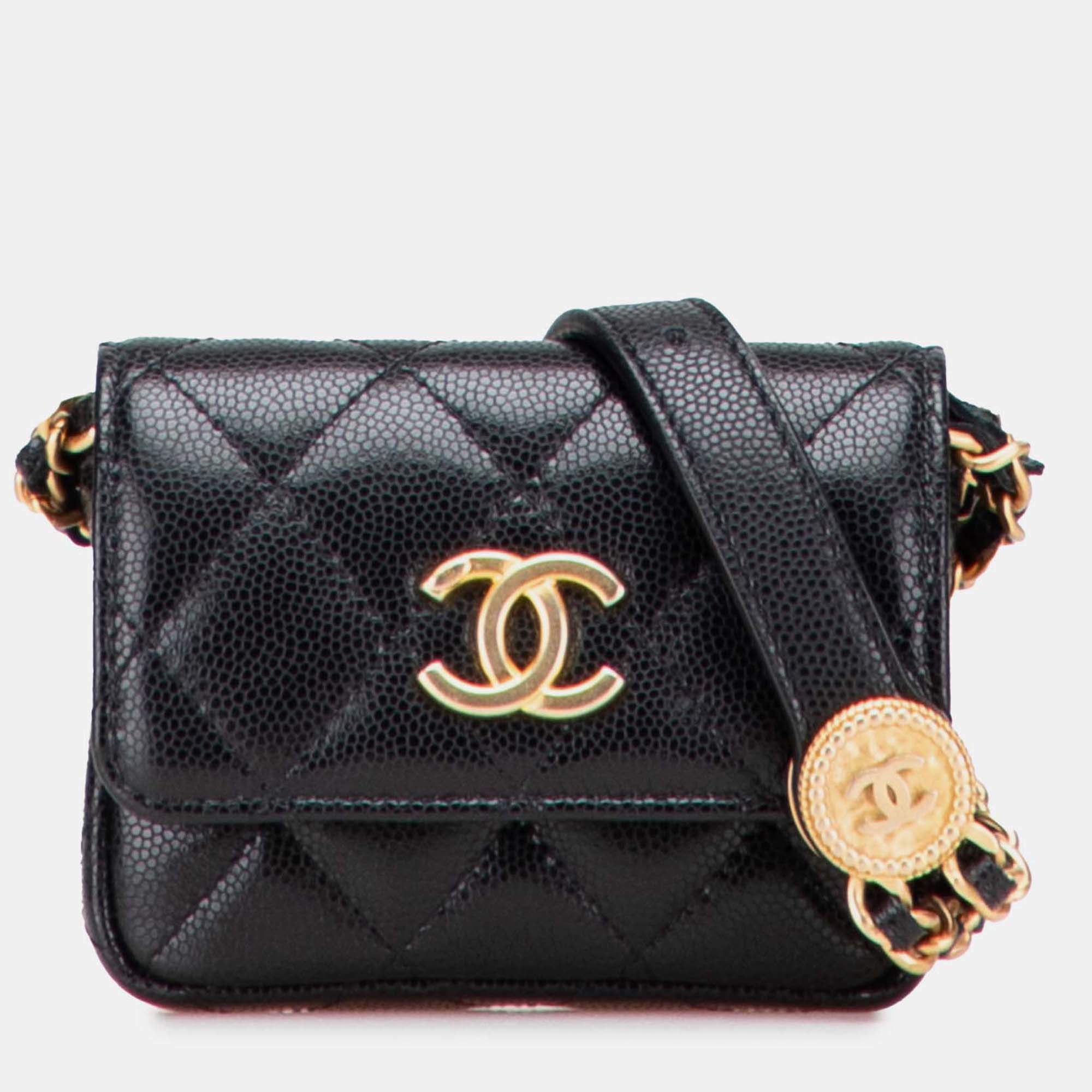 Pre Owned Chanel Quilted Caviar Twist Your Buttons Flap Chain Belt Bag