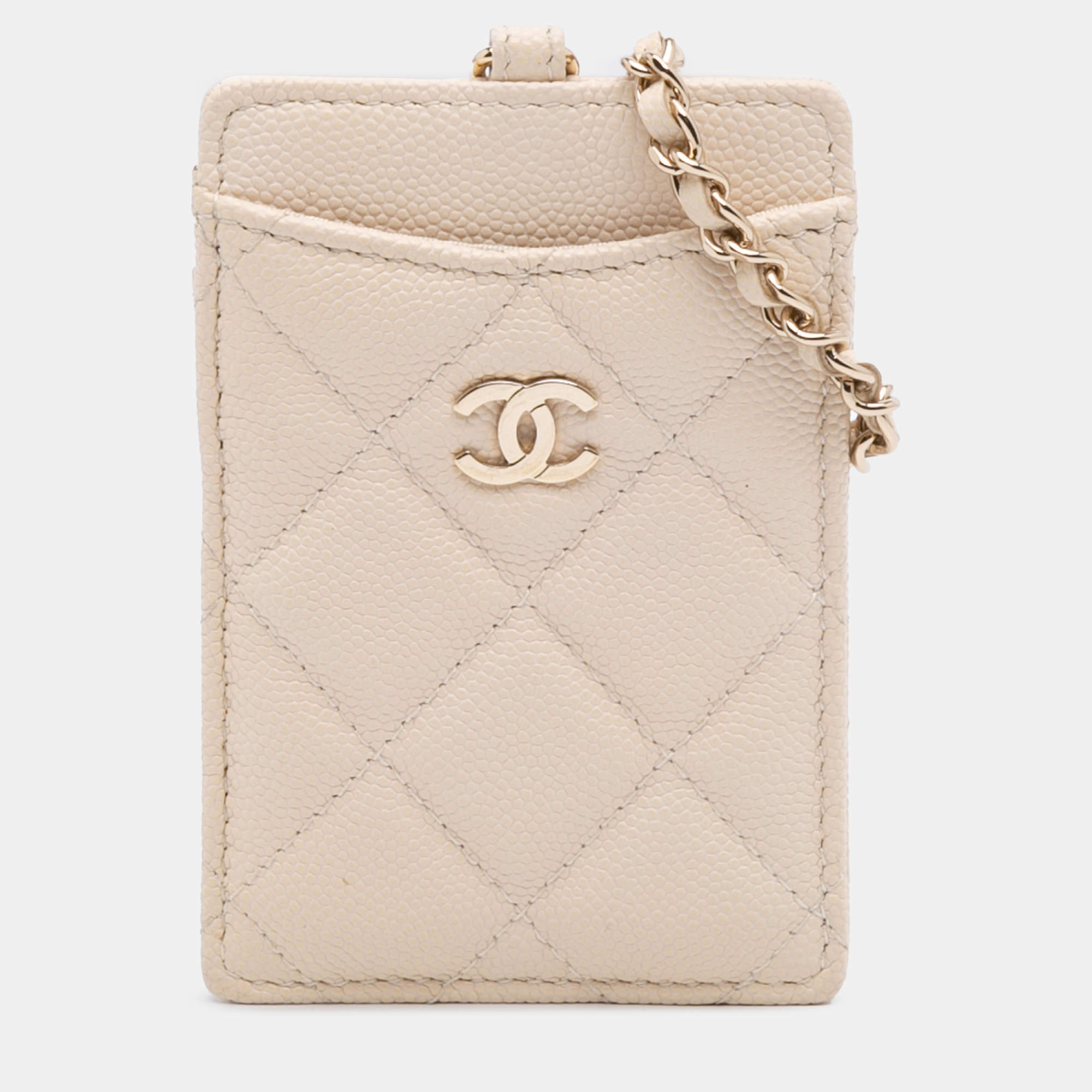 Pre Owned Chanel Beige Quilted Caviar ID Card Holder