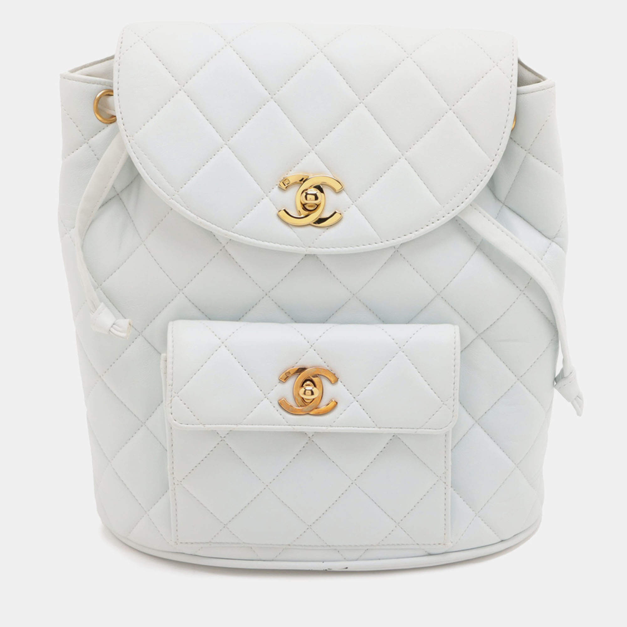 Pre Owned Chanel Medium White Quilted Lambskin Duma Backpack