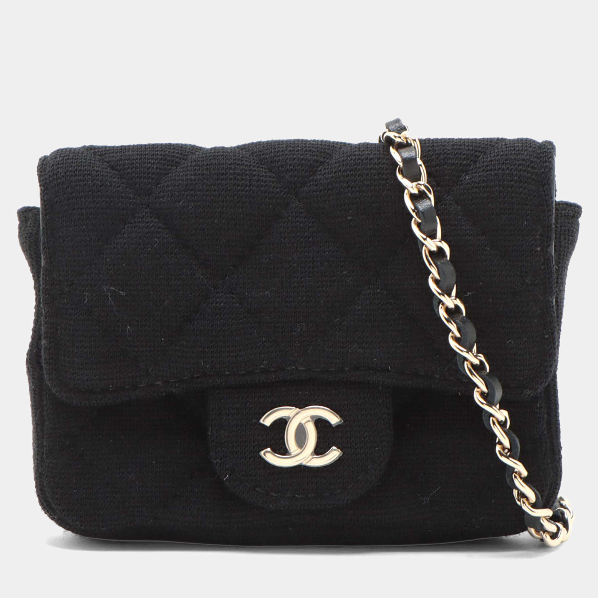 Pre Owned Chanel Mini Classic Jersey Black Cotton Flap Belt Bag