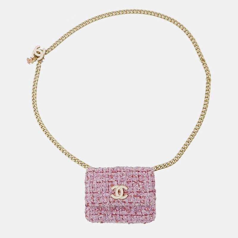 Pre Owned Chanel CC Quilted Pink Tweed Flap Chain Belt Bag