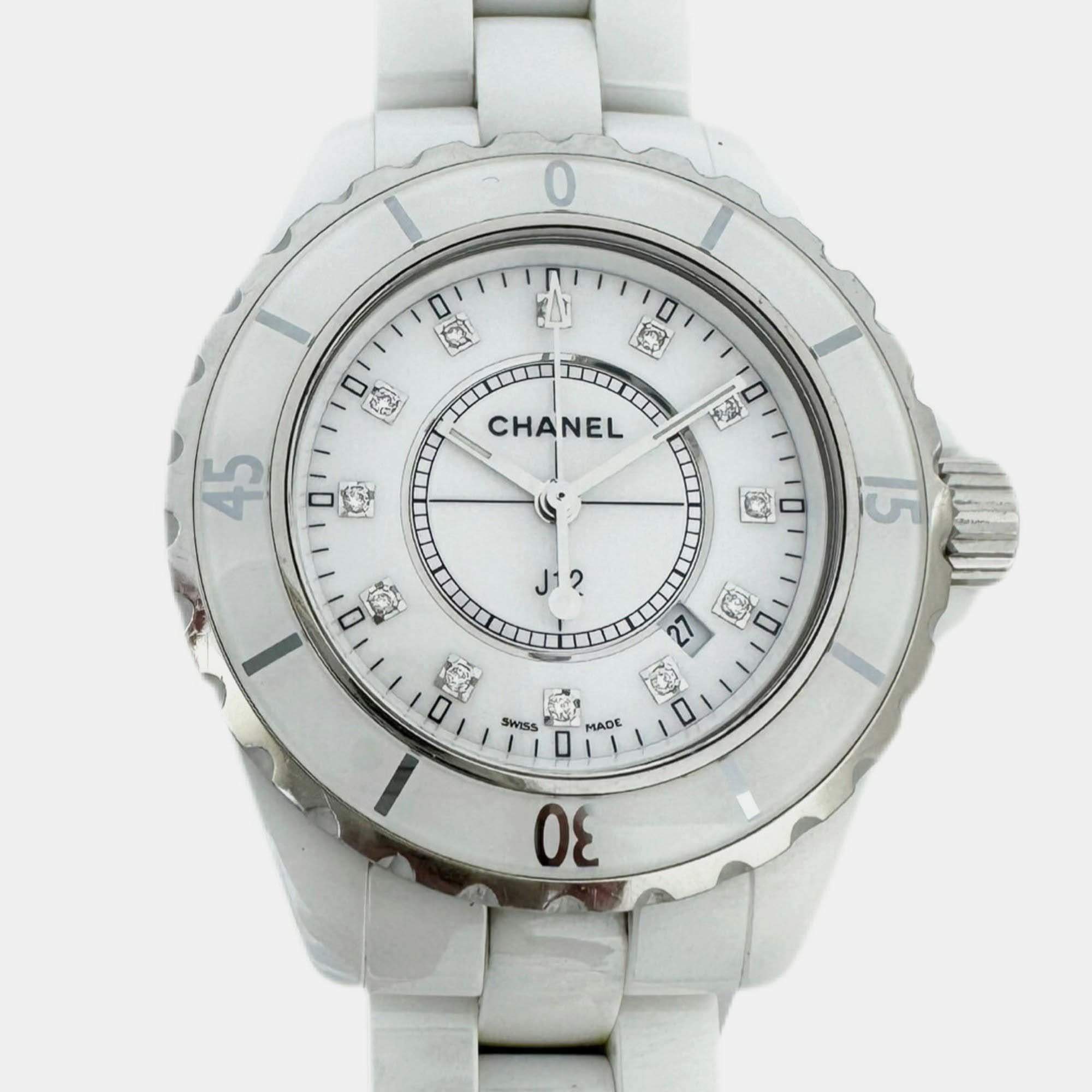 Chanel White Diamond Stainless Steel Ceramic J12 Quartz Women's Wristwatch 33 mm