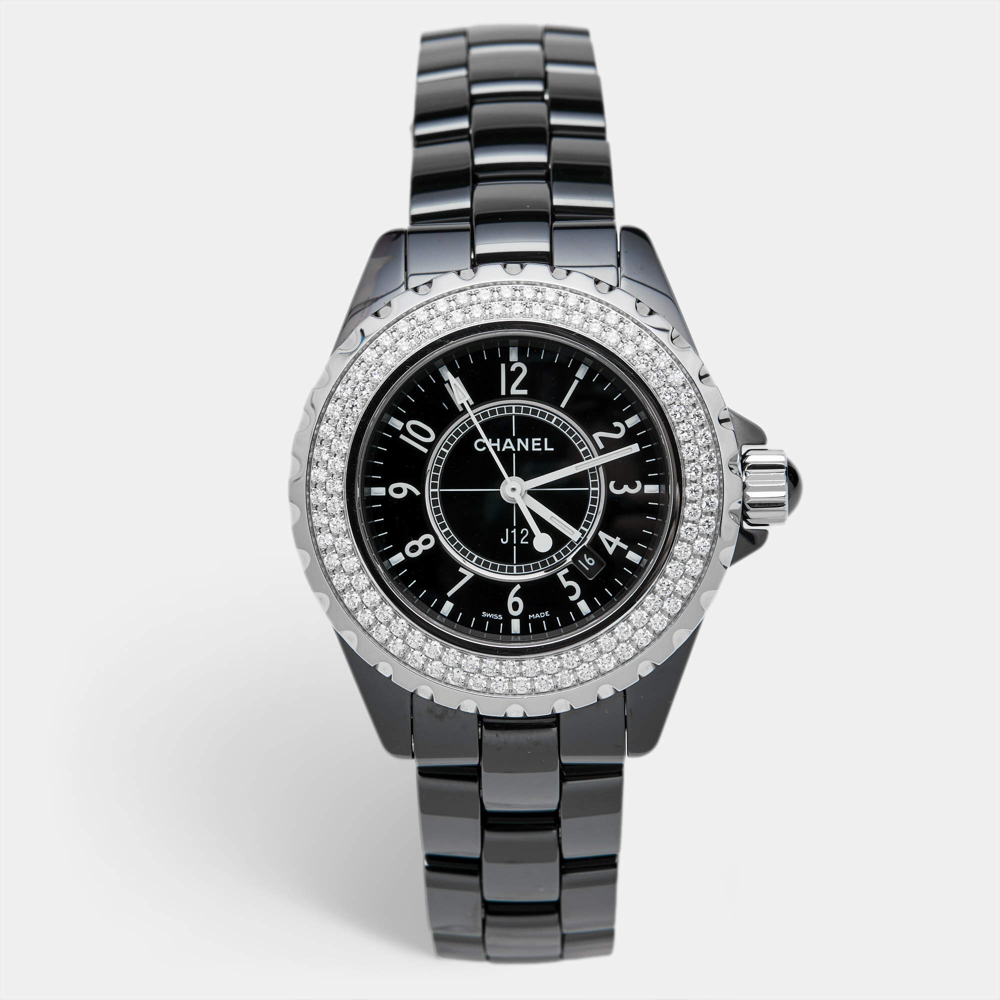 Chanel Black Ceramic Stainless Steel Diamond J12 H0949 Women's Wristwatch 33 mm