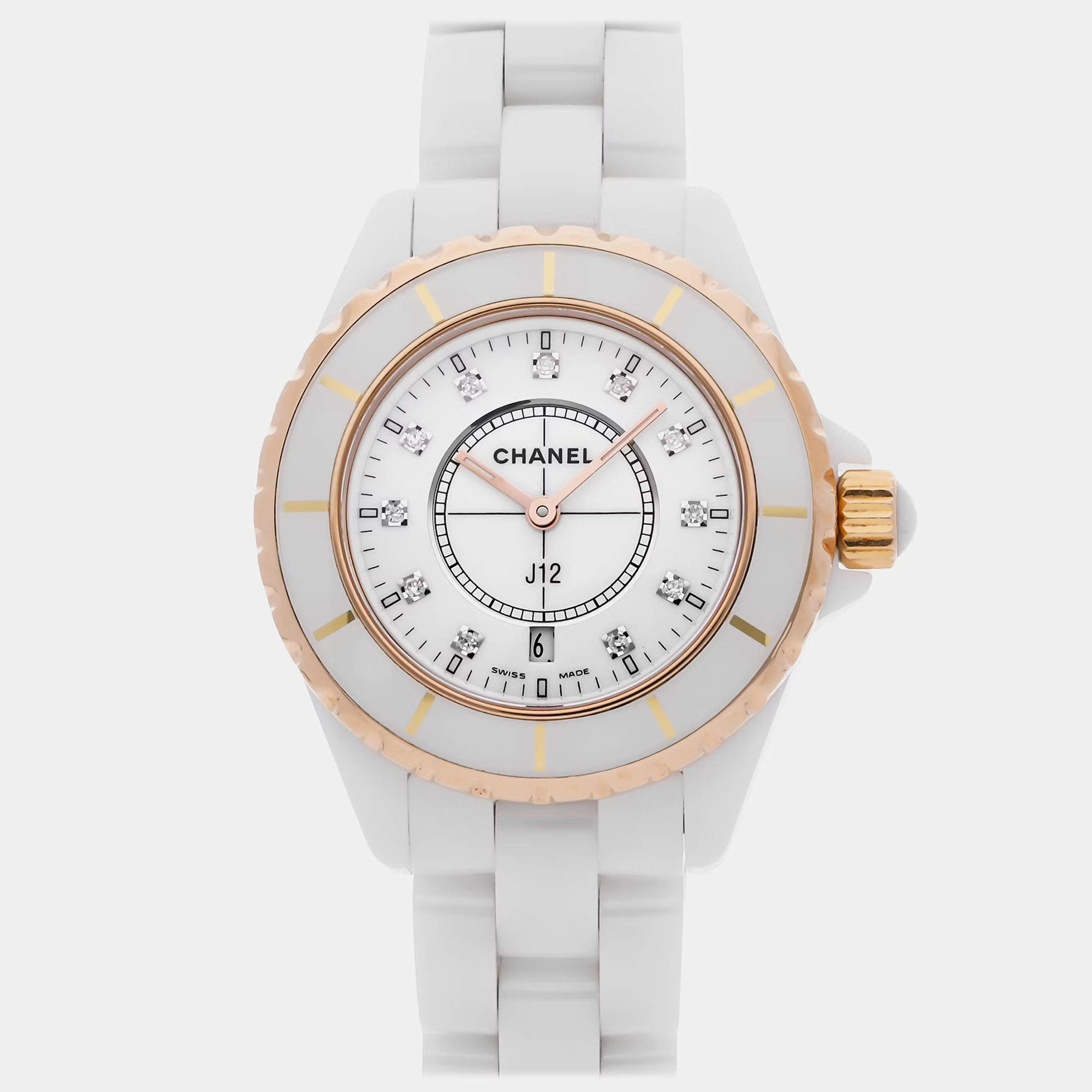 Chanel Diamond 18k Yellow Gold, Ceramic J12 H2181 Quartz Women's Wristwatch 