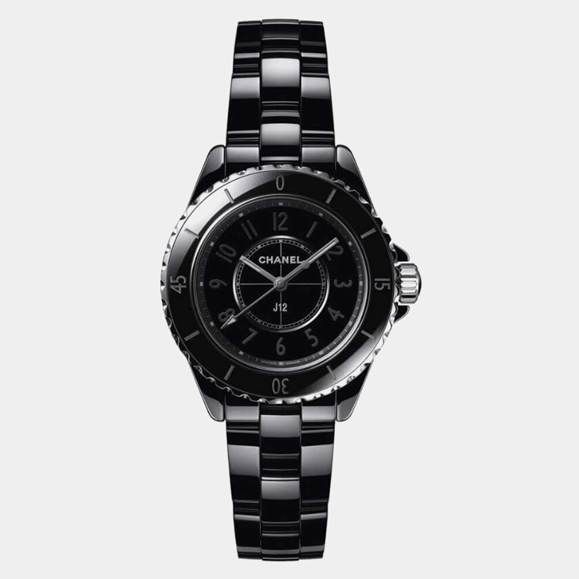 Chanel Black Ceramic Stainless Steel J12 H6346 Quartz Women's Wristwatch 33 mm
