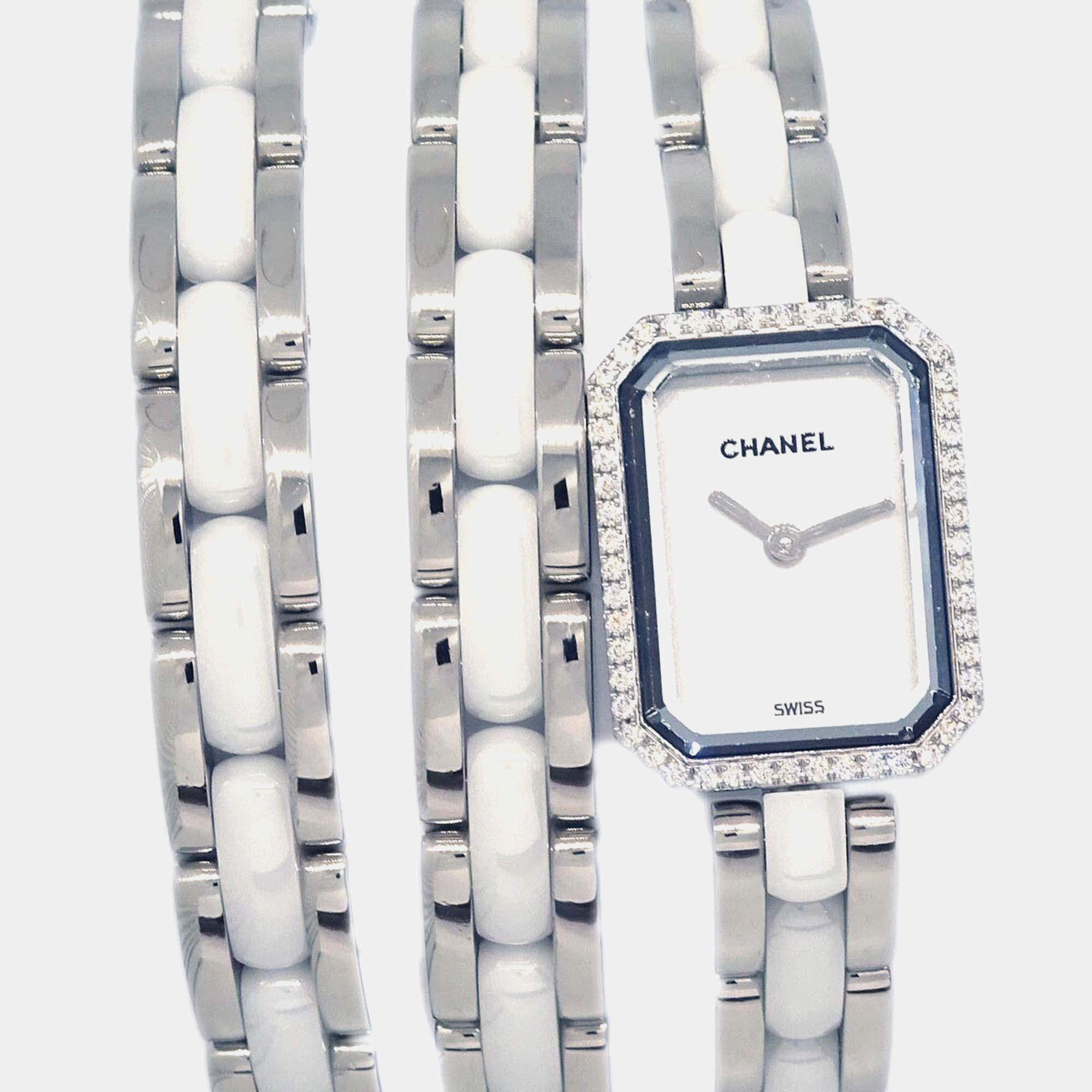 Pre Owned ساعة شانيل بريميير ثلاثية السوار كوارتز سيراميك ستانلس ستيل ألماس 15 × 20 مم