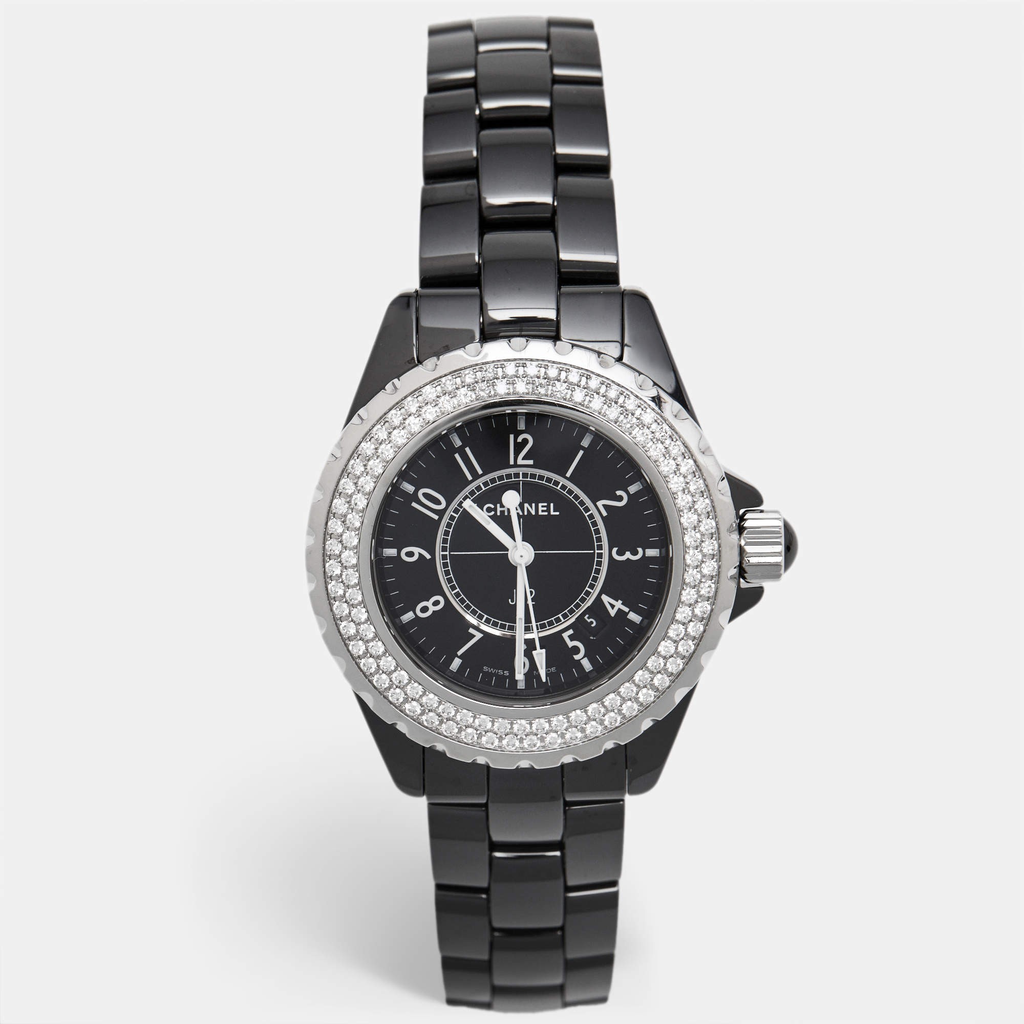 Pre Owned Chanel Black Ceramic Stainless Steel Diamond J12 H0949 Women's Wristwatch 33 mm