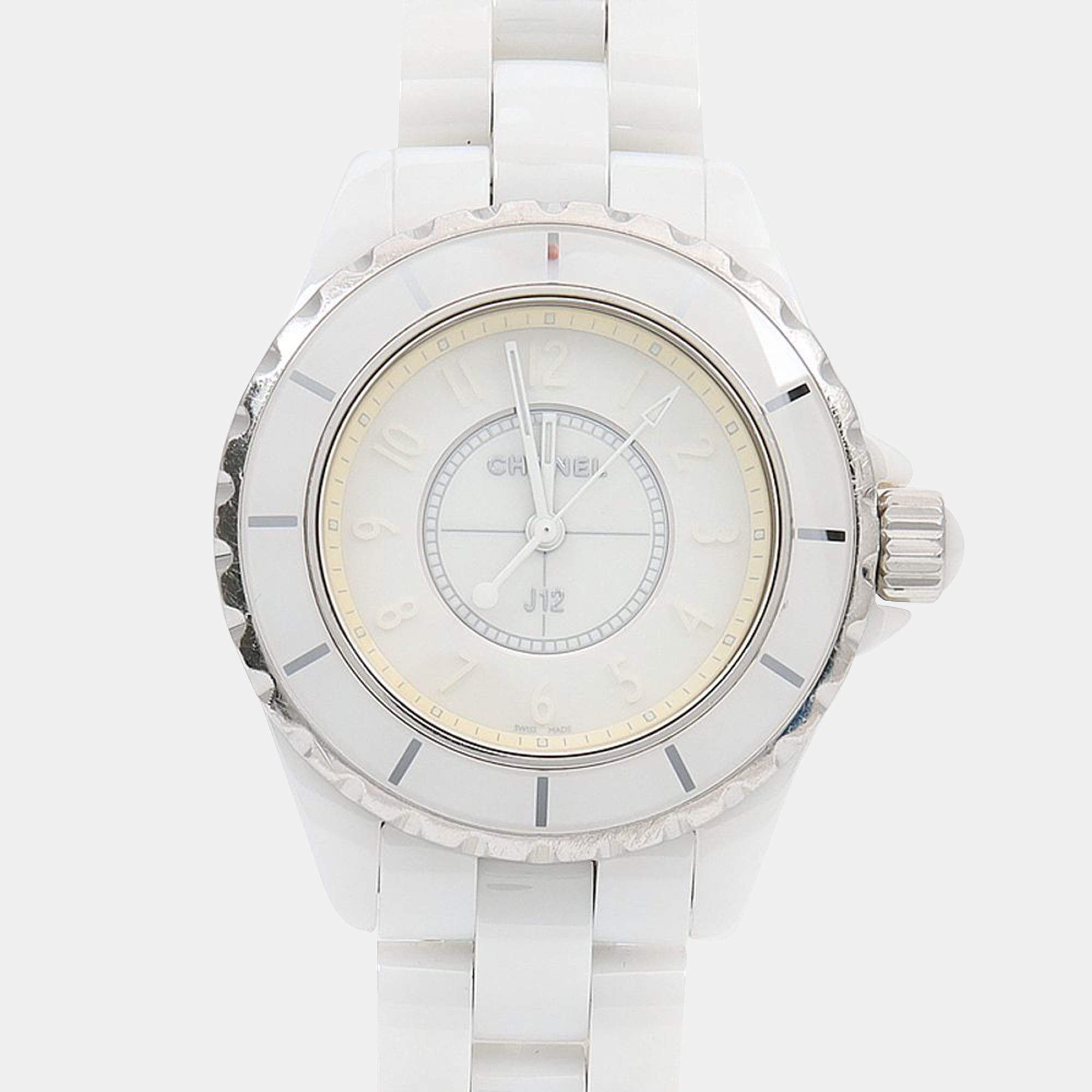 Pre Owned Chanel J12 H3442 Quartz Ceramic Stainless Steel Womens Wristwatch 34 mm