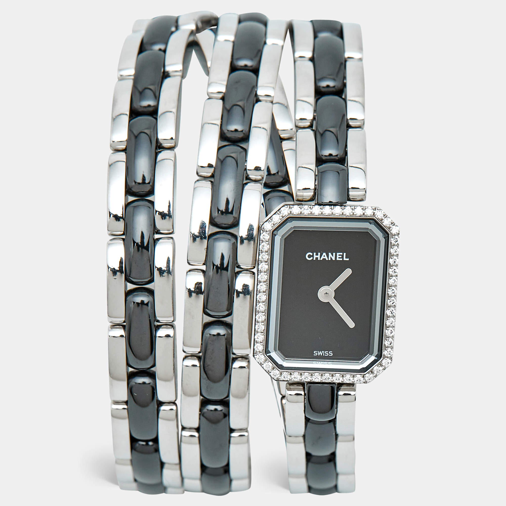 Pre Owned Chanel Premiere H3058 Black Dial Ceramic Stainless Steel Diamond Women's Wristwatch 15 mm