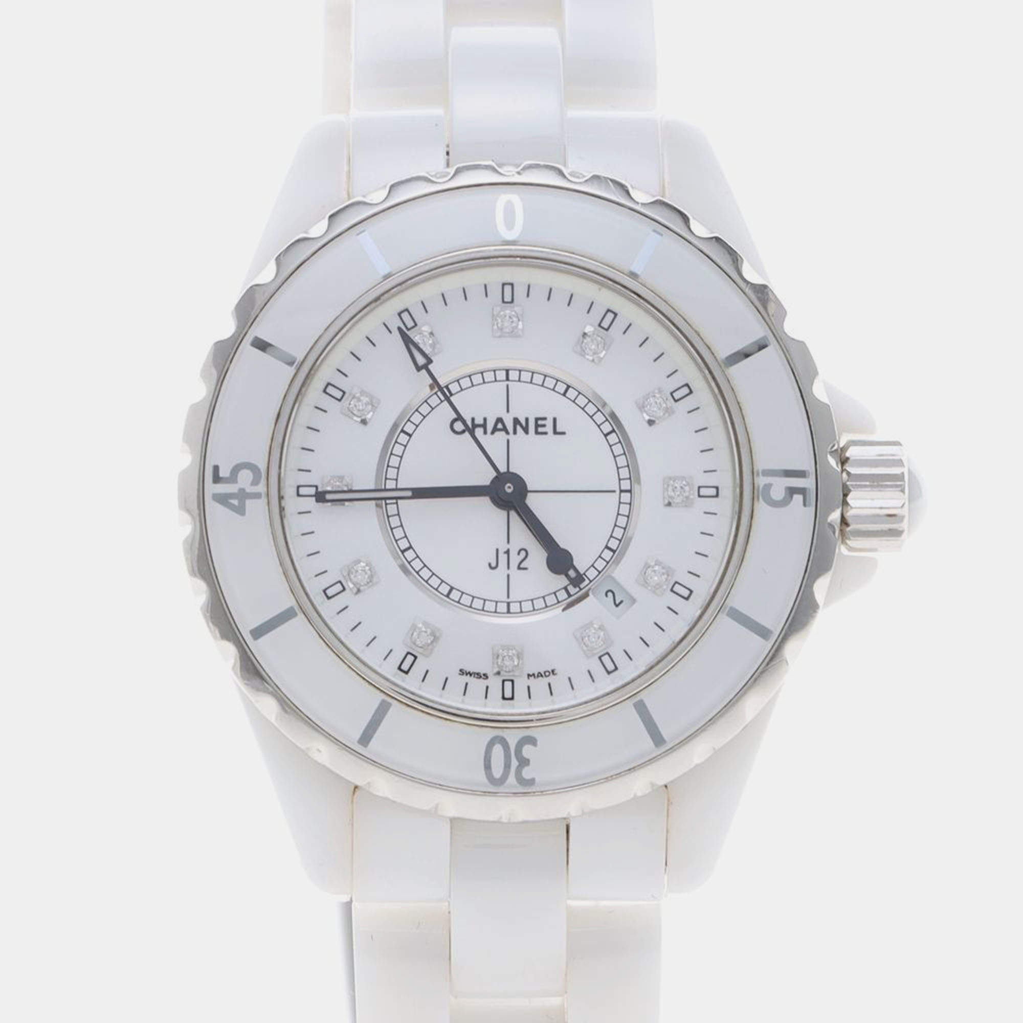 Pre Owned Chanel J12 Diamond H1628 Quartz Ceramic Stainless Steel Women's Wristwatch 34 mm