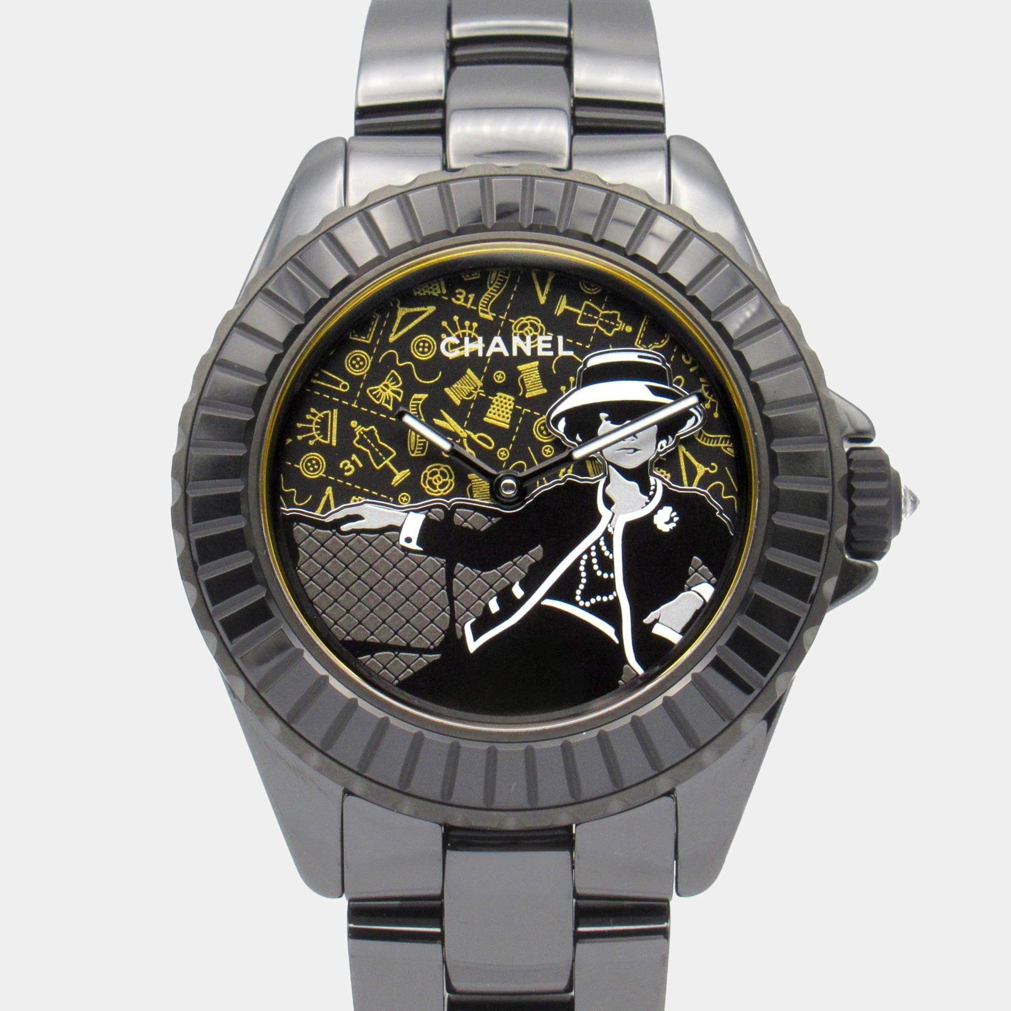 Pre Owned ساعة يد نسائية شانيل مادوموازيل H9761 أوتوماتيكية ستانلس ستيل سوداء 39 مم