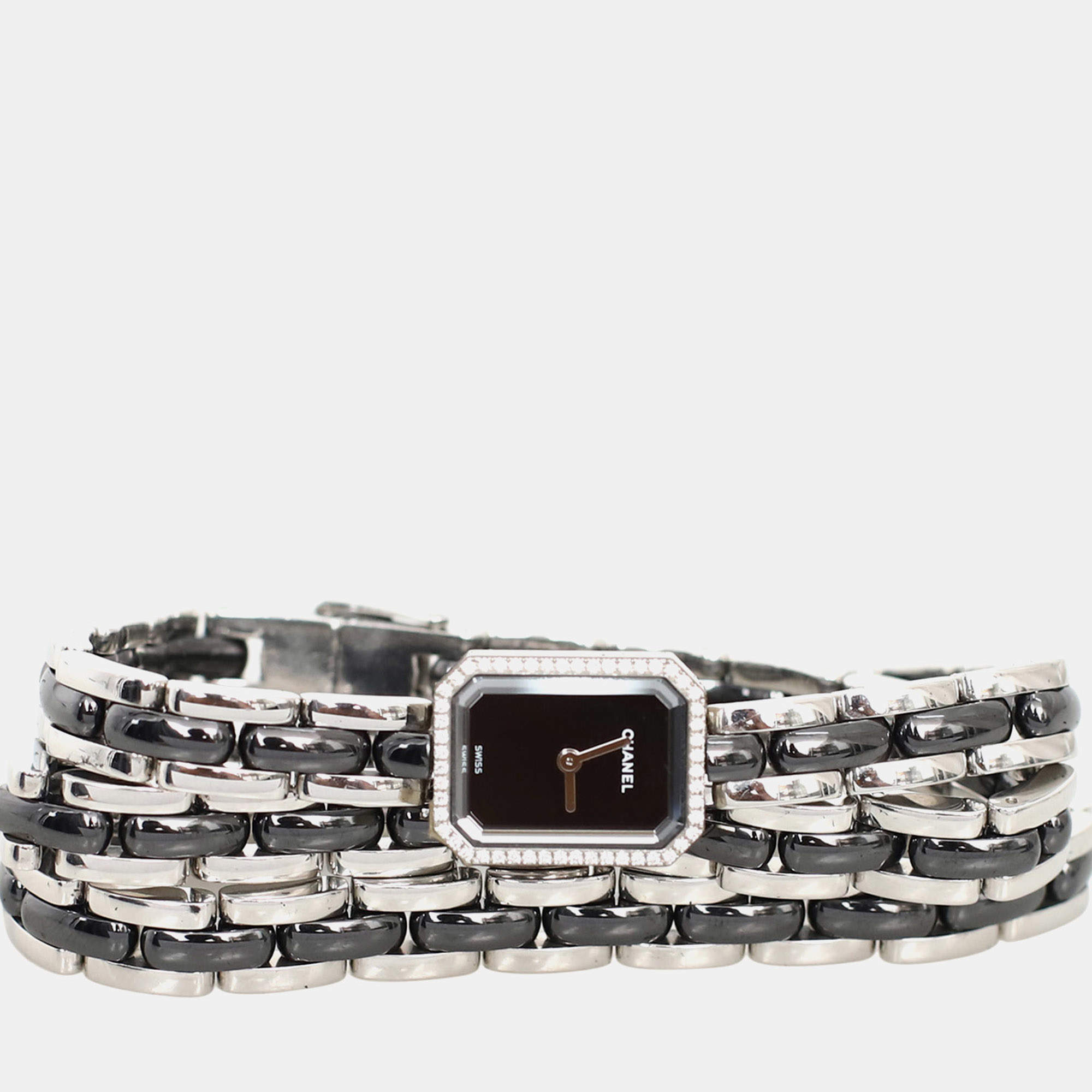 مملوكة مسبقًا Chanel Black Quartz Ceramic, Stainless Steel Diamond Premiere Mini Triple Bracelet Wrist Watch