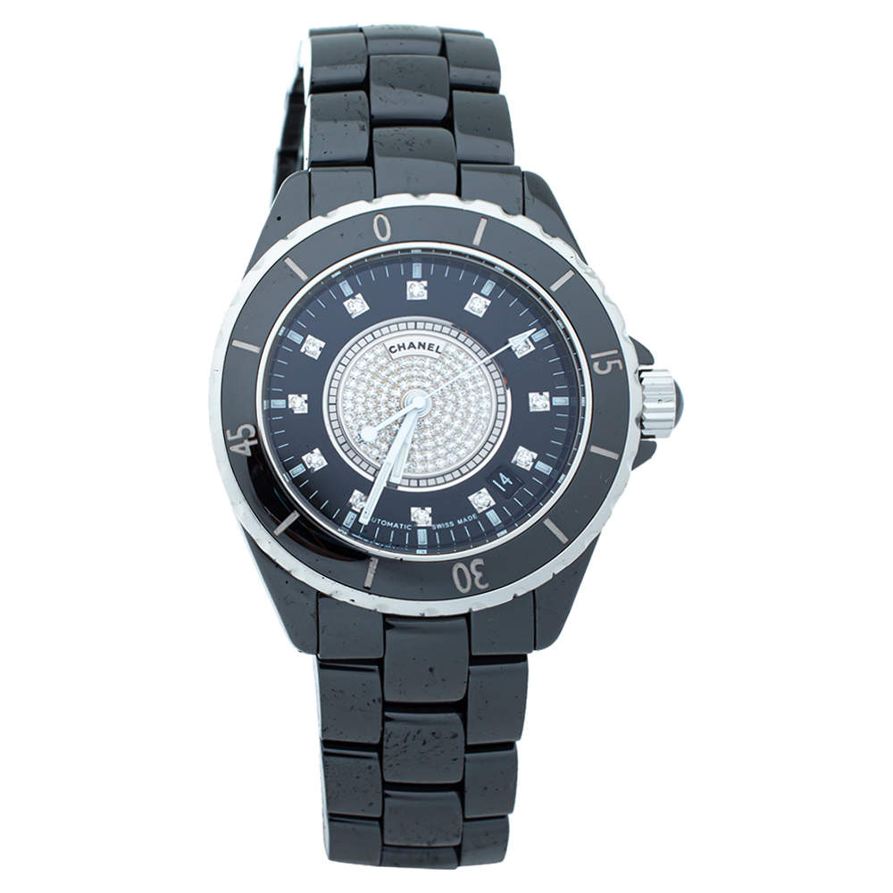 Pre Owned Chanel Black Ceramic Stainless Steel Diamond Ceramic J12 H1757 Unisex Wristwatch 38 mm