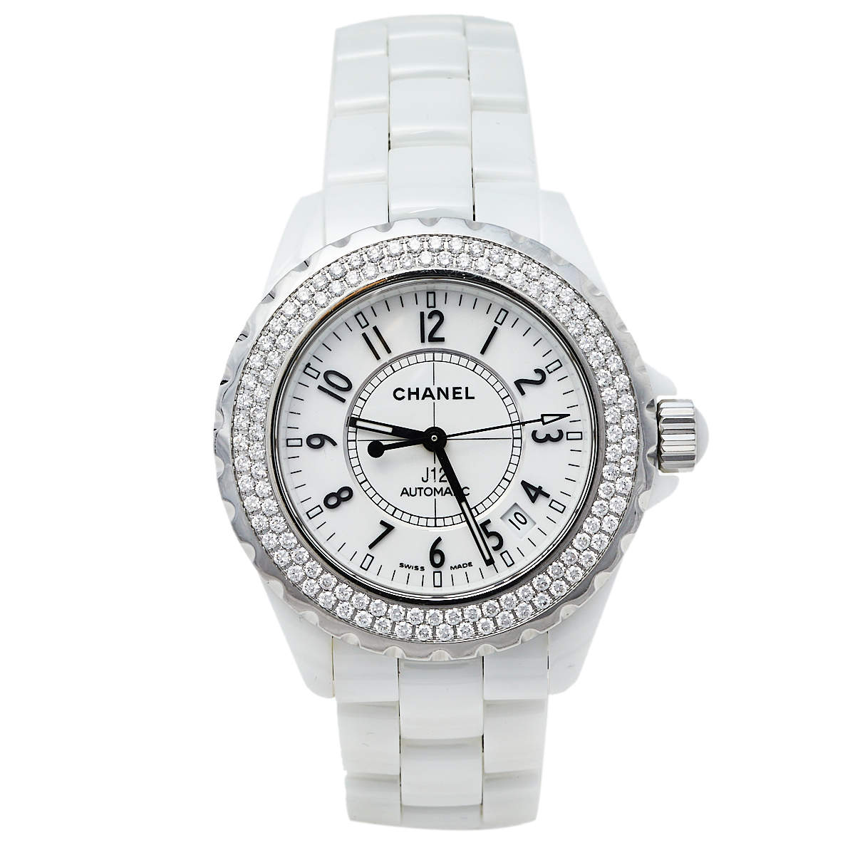 Pre Owned Chanel White Stainless Steel Ceramic Diamonds J12 Automatic Women's Wristwatch 39 mm