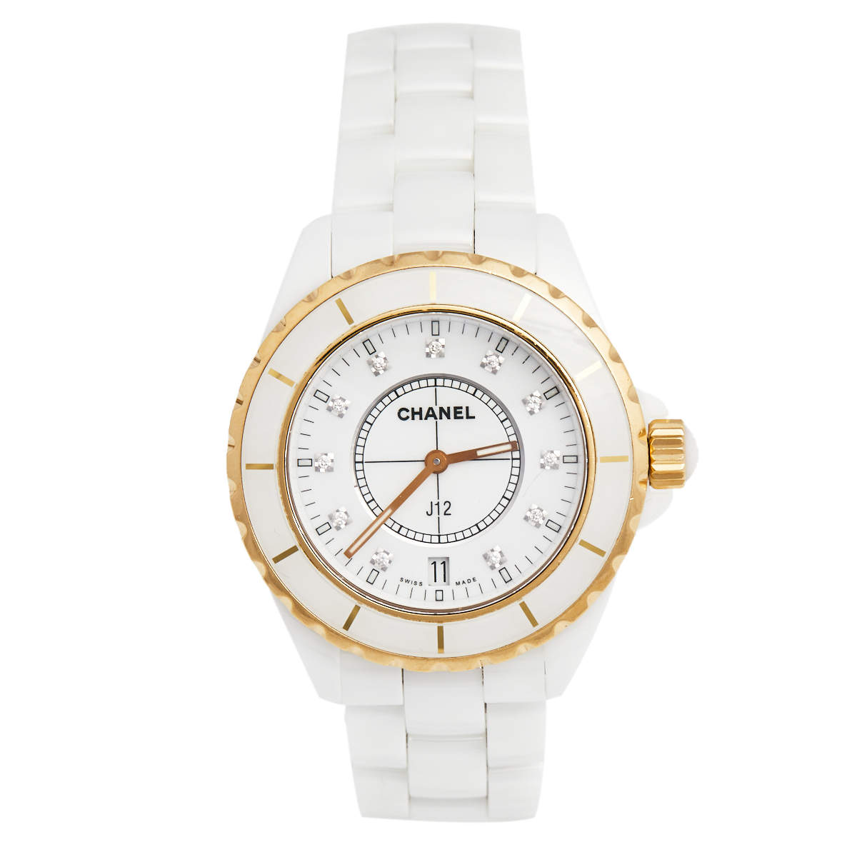 Pre Owned Chanel White Ceramic Rose Gold Plated Stainless Steel Diamond J12 H2180 Women's Wristwatch 38 mm