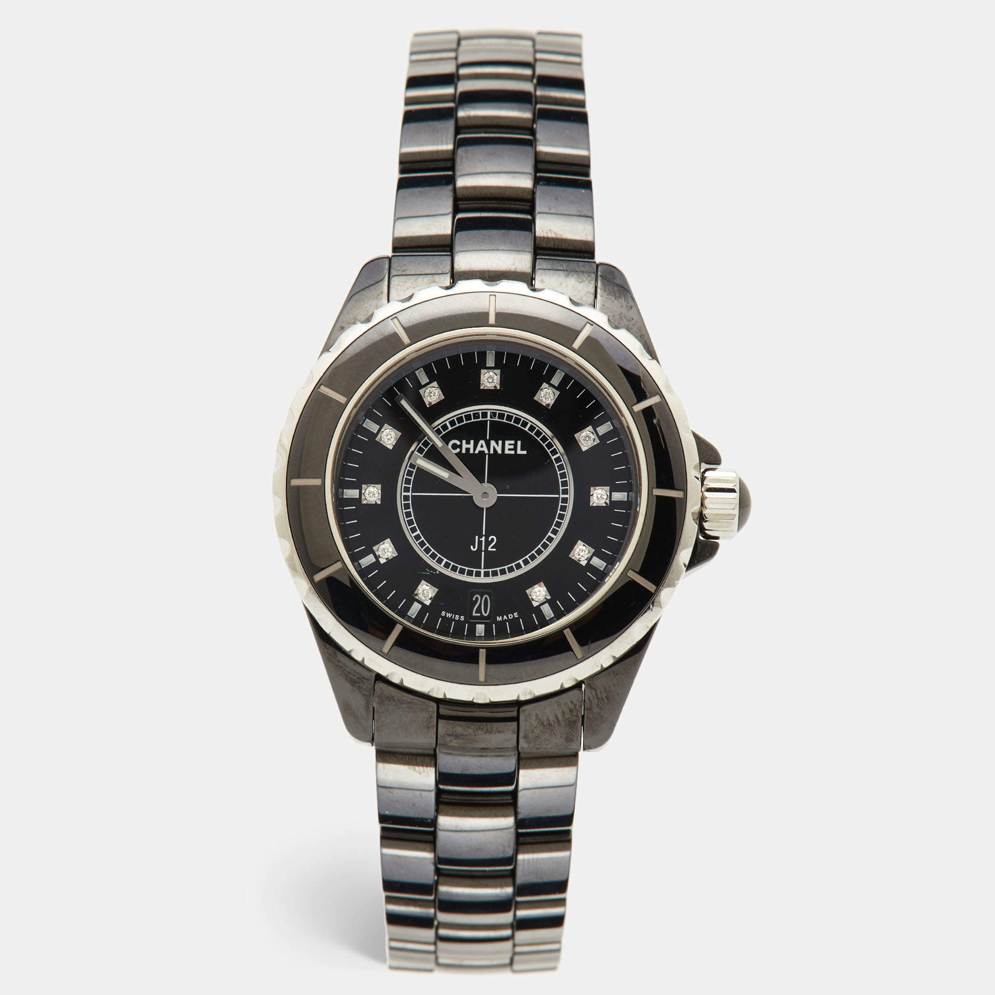 Pre Owned Chanel Black Diamond Ceramic Stainless Steel J12 H2124 Unisex 38 mm 
