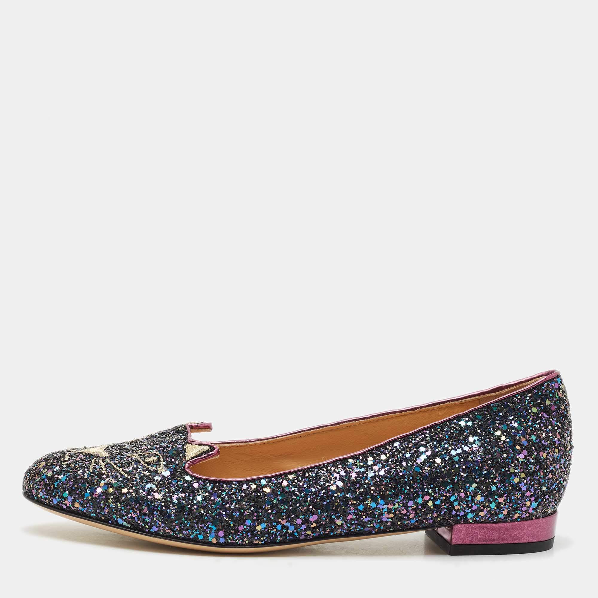Charlotte Olympia Multicolor Glitter Cat Ballet Flats Size 37.5
