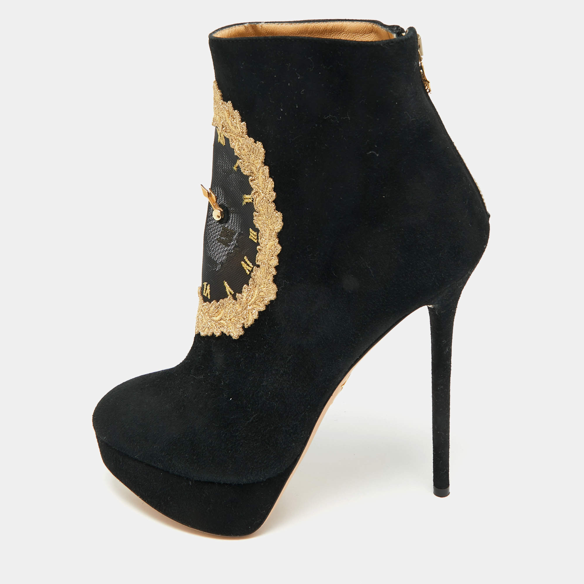 Pre Owned Charlotte Olympia Black Suede On Time Platform Ankle Boots Size 38