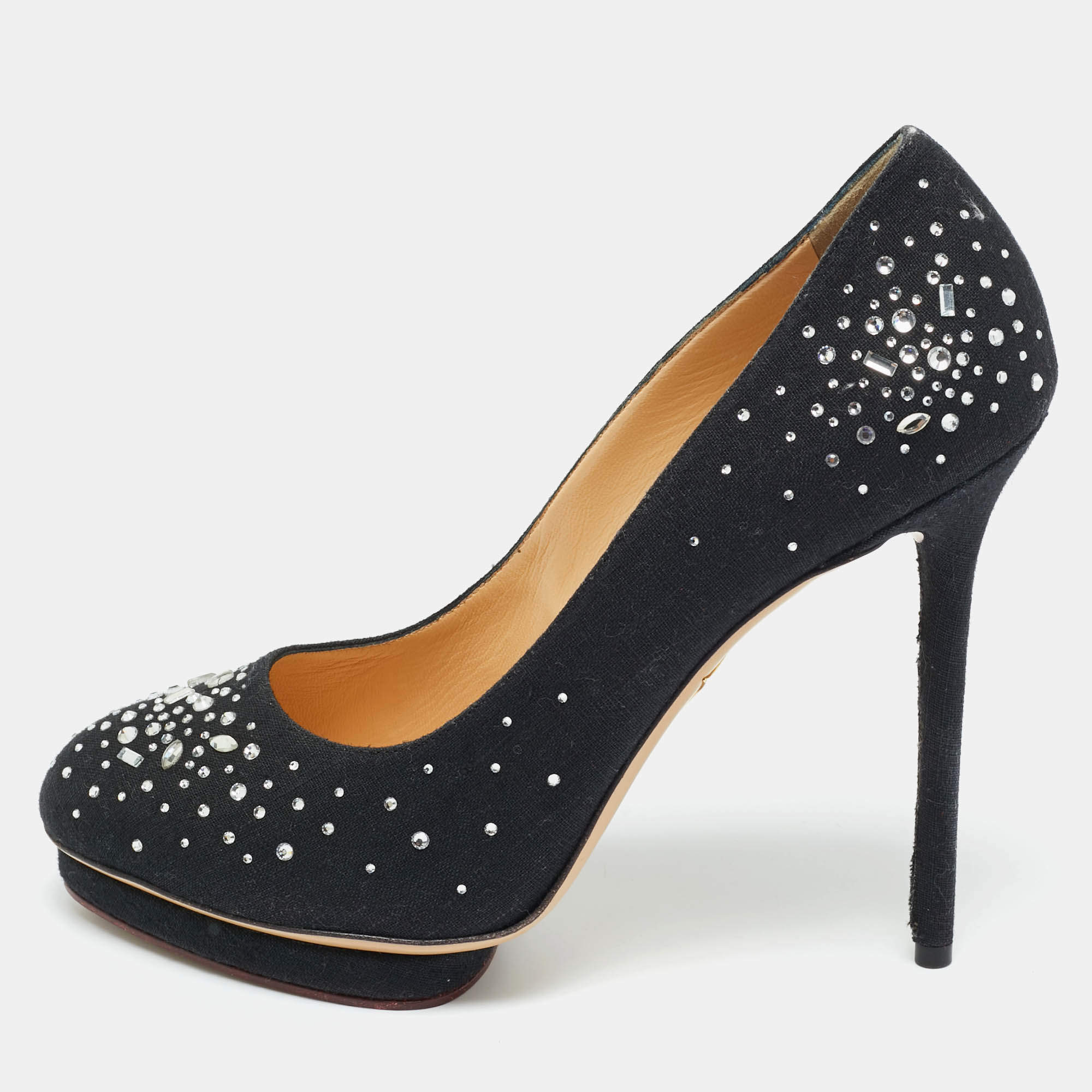 Pre Owned Charlotte Olympia Black Canvas Crystal Embellished Dotty Platform Pumps Size 41
