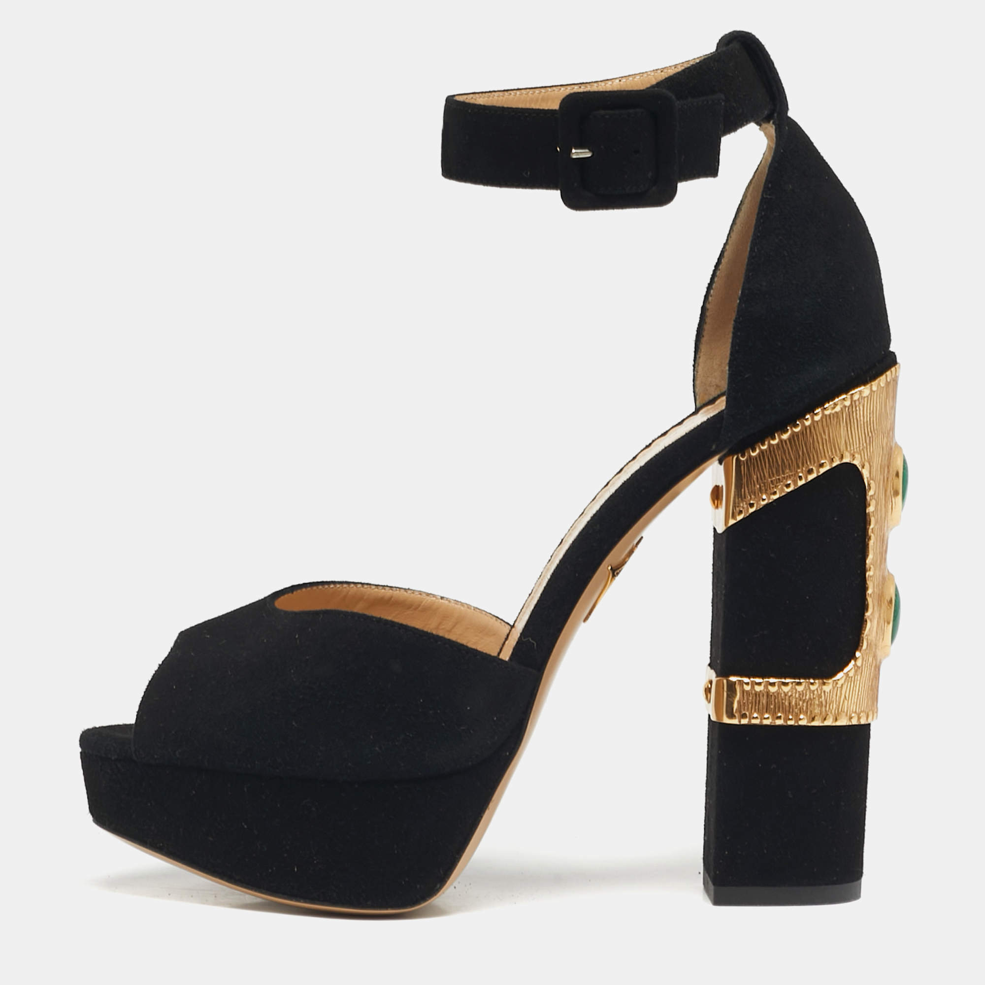 مملوكة مسبقًا Charlotte Olympia Size 38 Black Suede Embellished Ankle Strap Platform Sandals