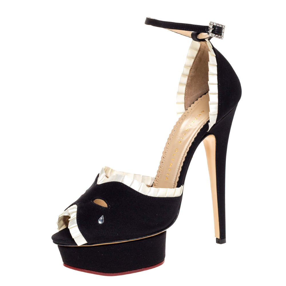 Charlotte Olympia Black/White Satin Masquerade Ankle Strap Platform Sandals Size 39