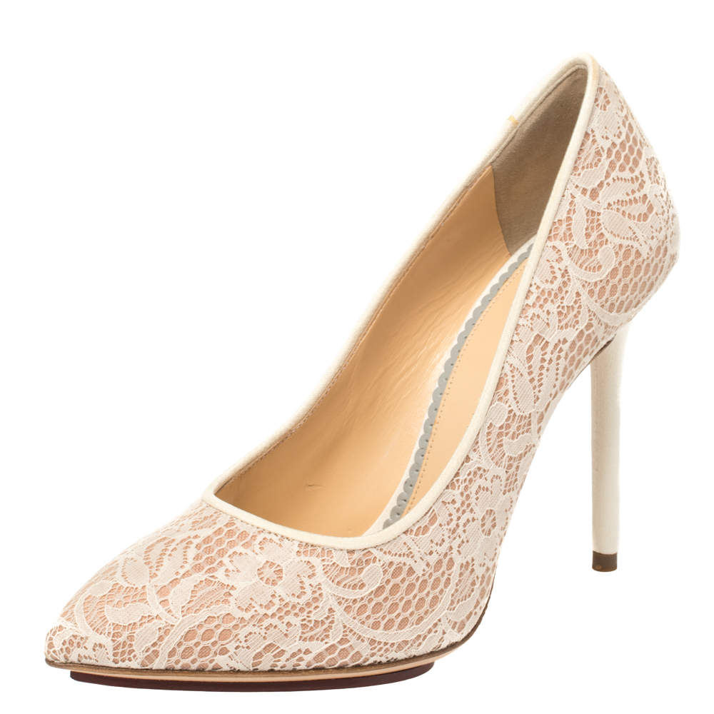 Charlotte Olympia Beige Lace and Mesh Monroe Pointed Toe Pumps Size 37
