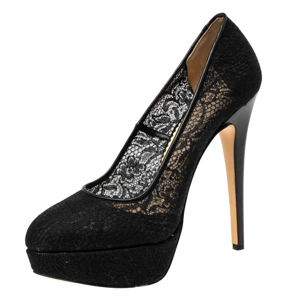 Pre Owned حذاء كعب عالي شارلوت اوليمبيا دوللي دانتيل أسود نعل سميك مقاس 41