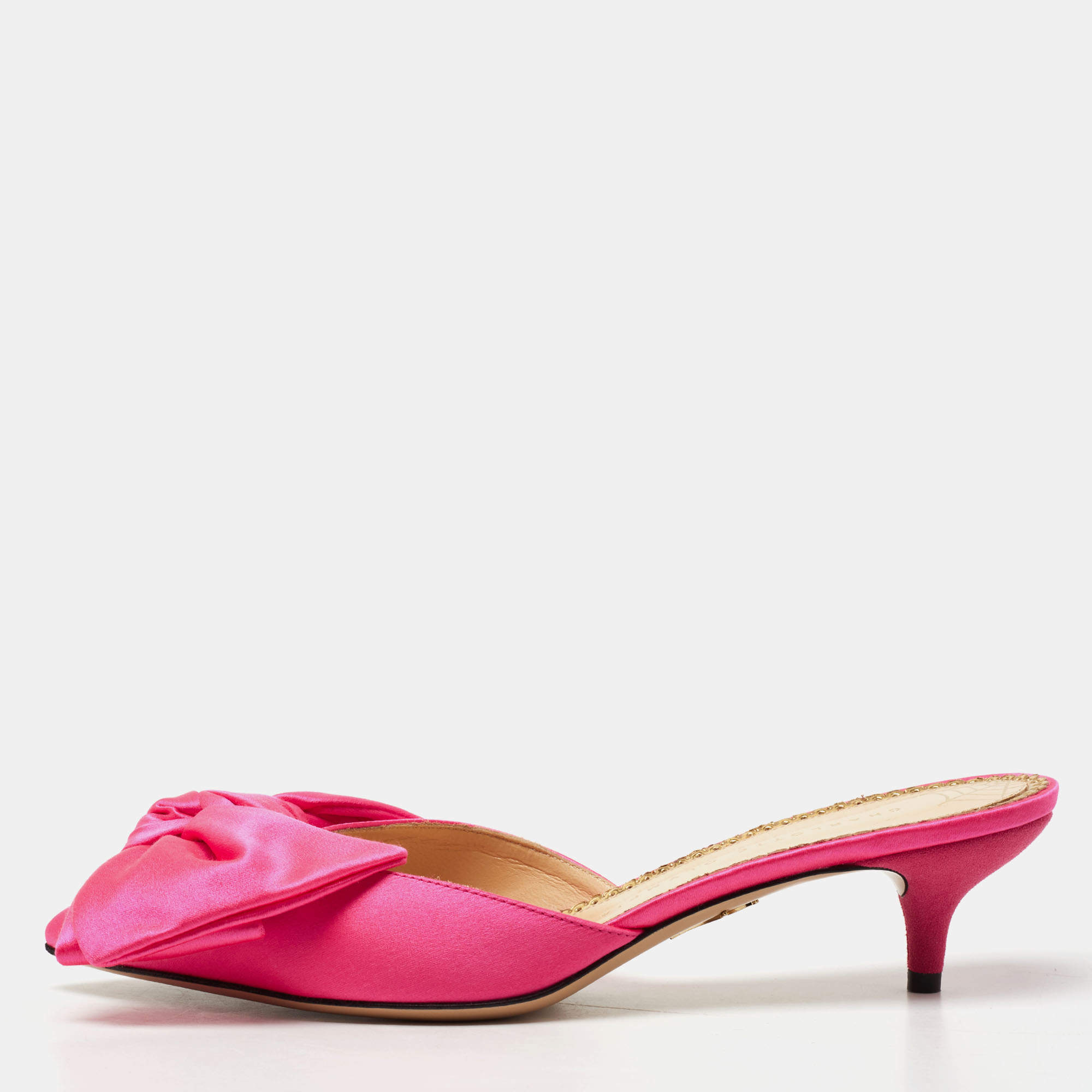 Charlotte Olympia Neon Pink Satin Sophie Mules Size 38.5