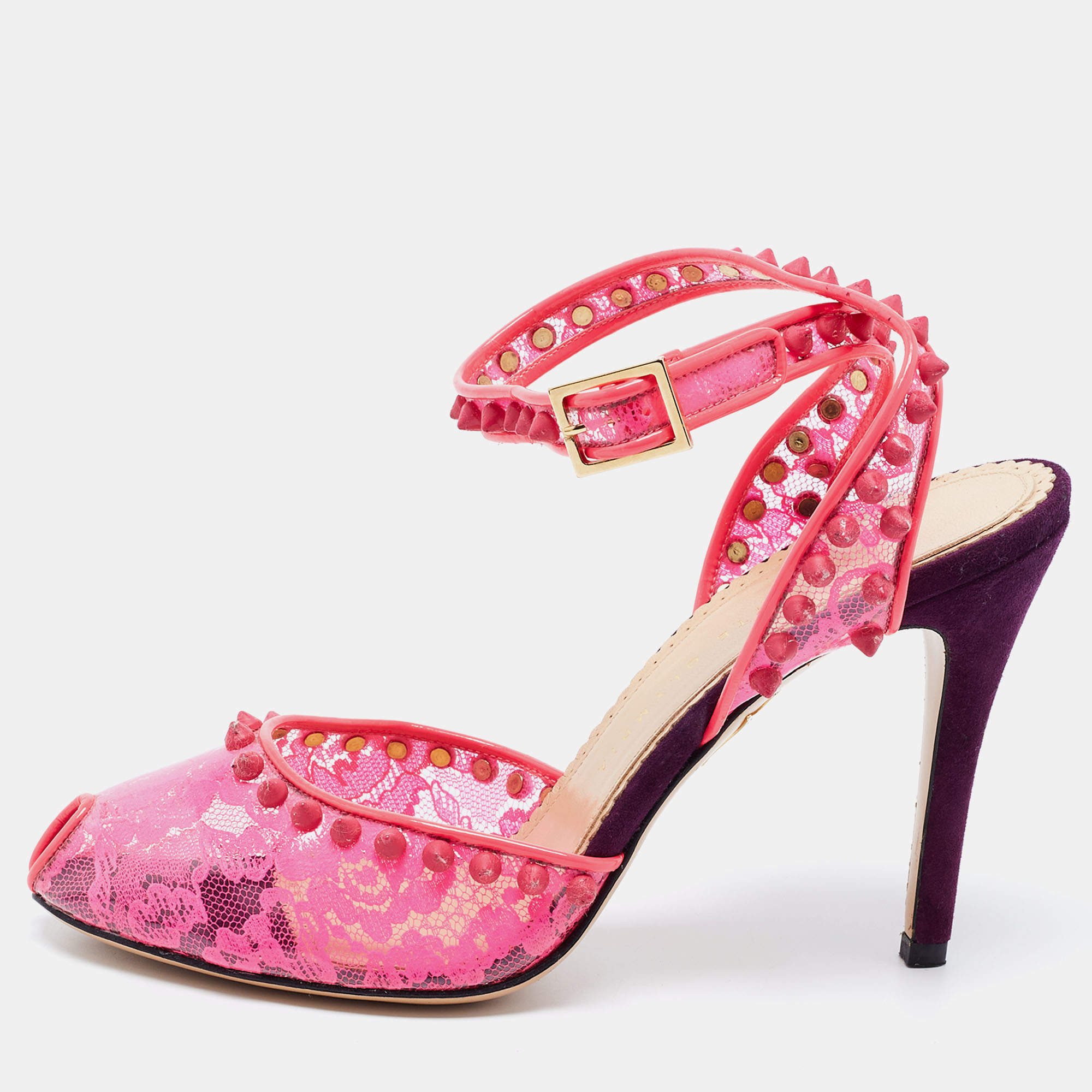 Pre Owned Charlotte Olympia Pink PVC Soho Studded Ankle Strap Pumps Size 38.5