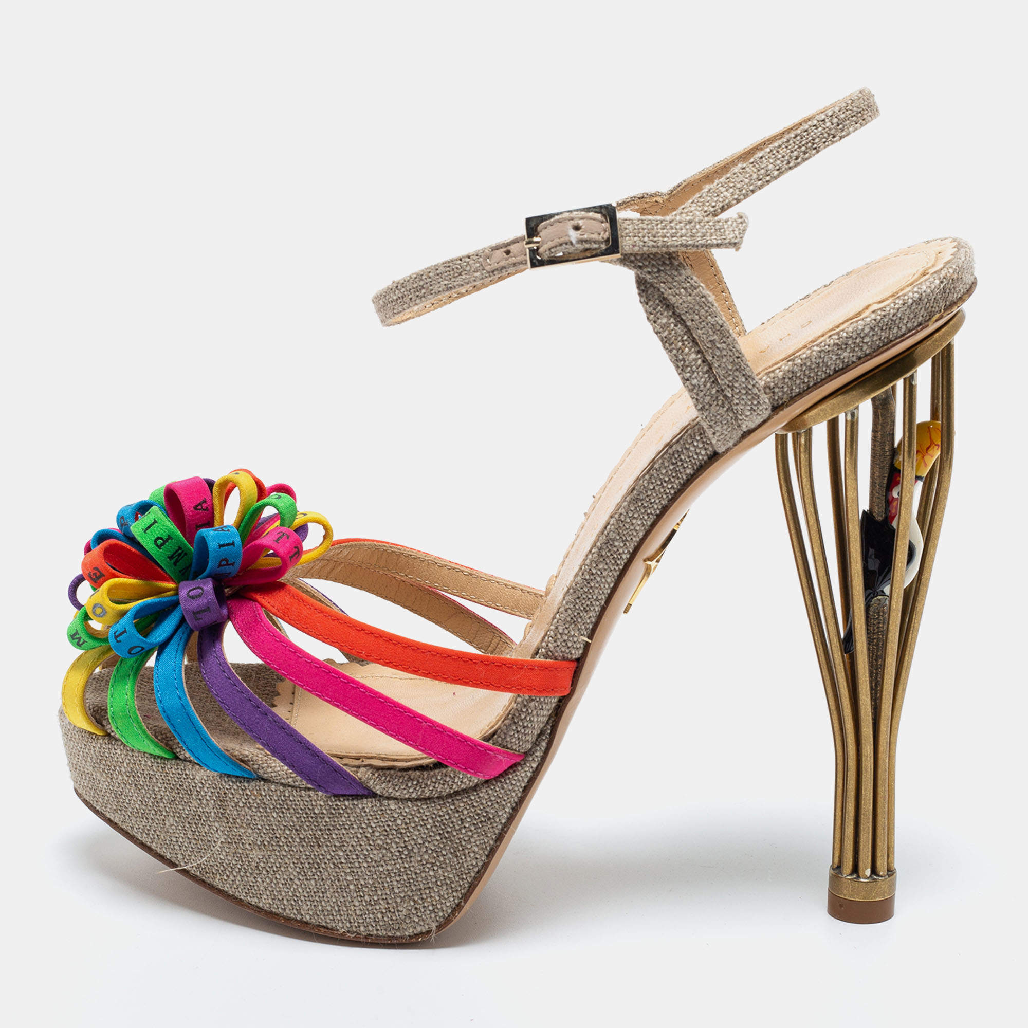 Charlotte Olympia Multicolor Satin and Canvas Strappy Platform Sandals Size 37.5