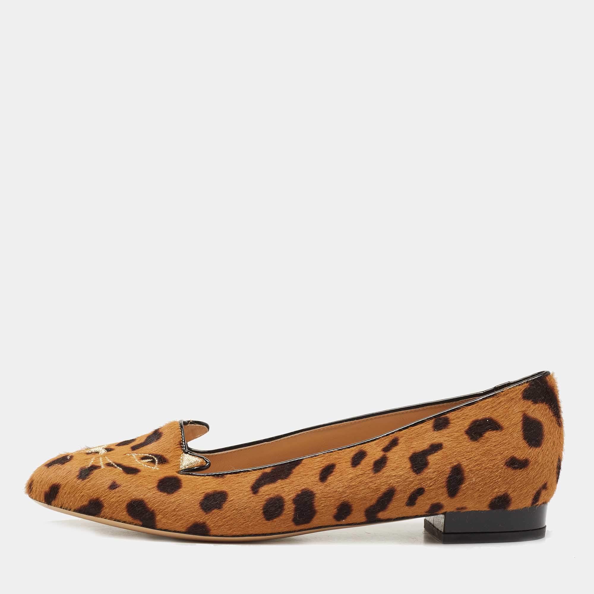 Charlotte Olympia Brown Calf Hair Leopard Print Cat Ballet Flats Size 40
