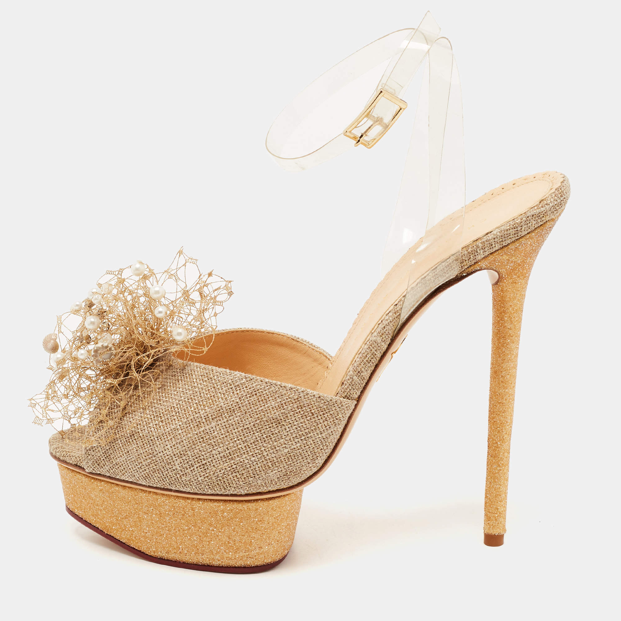 Pre Owned Charlotte Olympia Gold/Beige Canvas and PVC Platform Ankle Strap Pumps Size 40